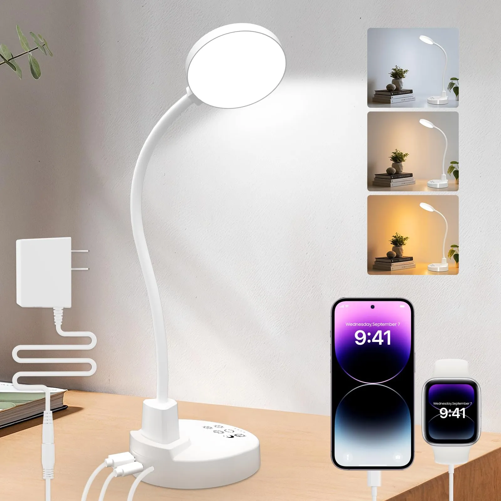 ZAPLIT 15W Lampada da scrivania 61 LED con USB-A e USB-C - Dimmerabile, 3 Temperature di Colore, 5 Livelli di Luminosità, 4 Timer, Collo d'oca Flessibile a 360°, Salva Occhi