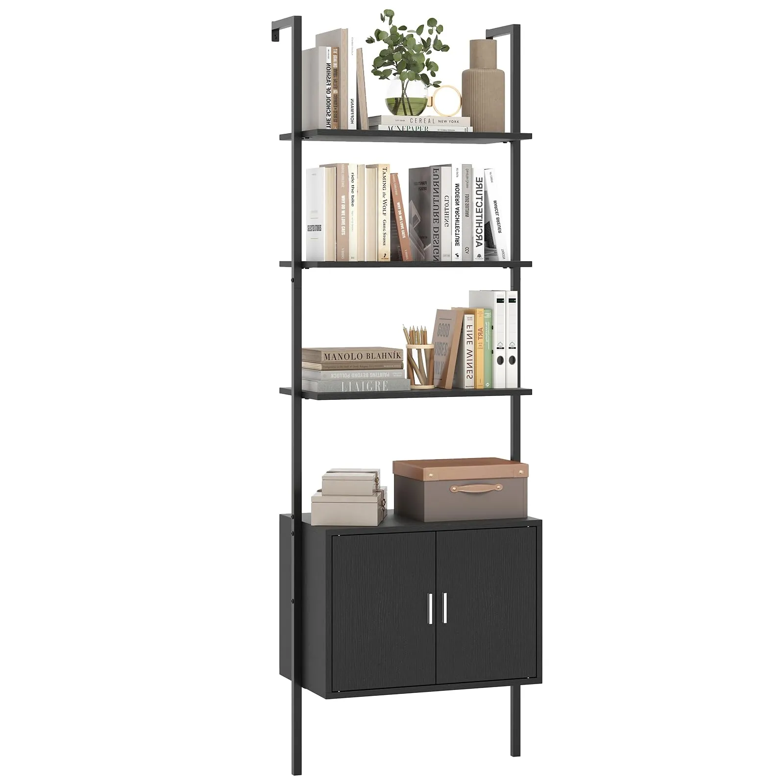 COSTWAY Scaffale da Parete con 5 Ripiani e Armadio, Kit Anti-ribaltamento e Struttura in Metallo, Supporto di Esposizione a Ripiani Aperto per Soggiorno Camera da Letto e Ufficio, 60 x 35 x 184 cm