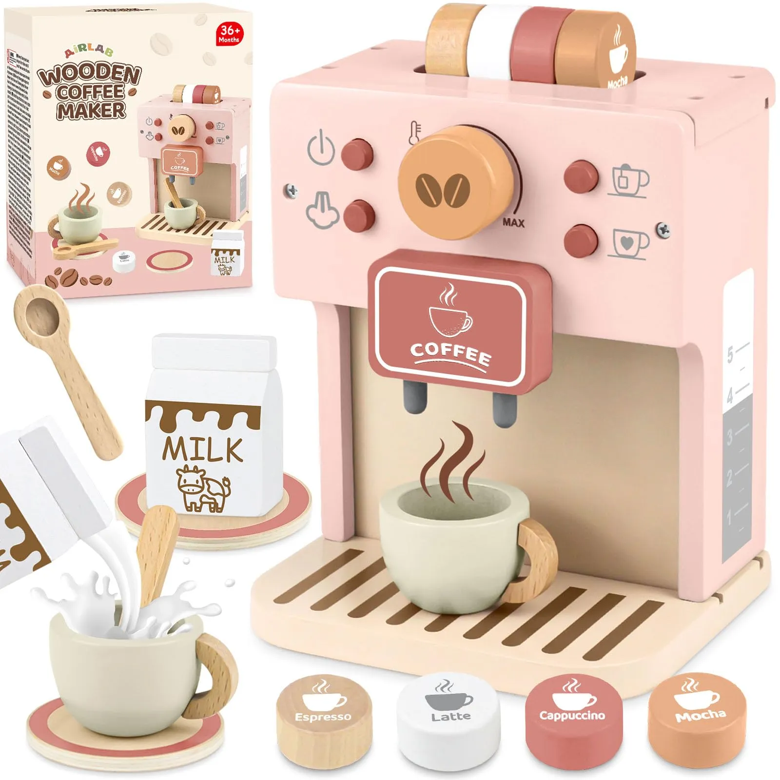 Airlab Caffettiera in Legno per Bambini, Cucina Giocattolo da Torta Dessert Educativi Montessori, Gioco di Ruolo in Panificio, Regalo Compleanno Pasqua Halloween Natale per Ragazzi Ragazze 3 4 5+ Anni