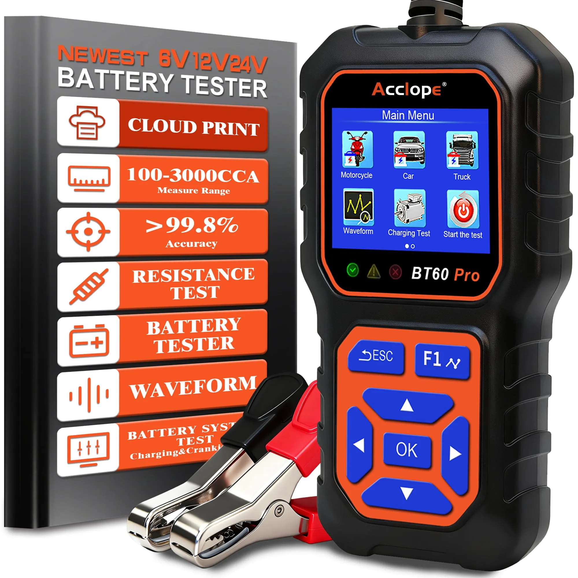 BT60 Pro Tester per Batterie Auto 100-3000 CCA con Stampa Cloud 6V 12V 24V AGM Litio Gel Analizzatore Digitale Alternatore Automobilistico Sistema di Avviamento e Carica per Auto Moto Camion Furgoni