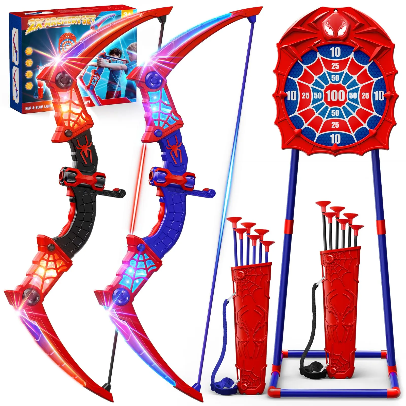 Giocattoli per 3-12 Anni Bambino, 2 Arco e Freccia Ragno con Luci LED Rosse e Blu, Bersaglio a Forma, 2 Ragno Faretre, Gioco Bambino 3-9, Giochi Bambini Regalo Bambino 3 4 5 6 7 8 9 10 Anni Maschio
