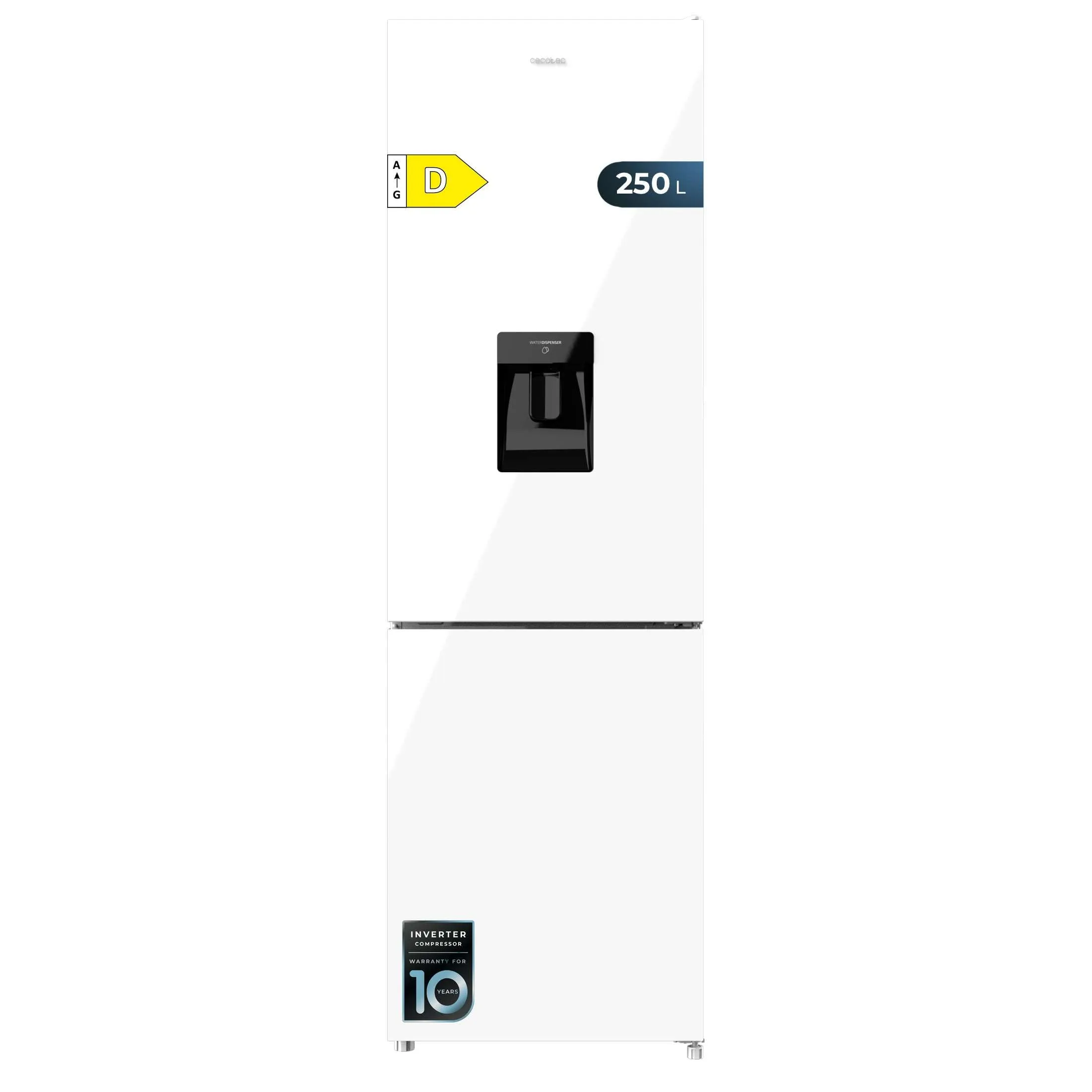 Cecotec Frigorifero Combinato Bolero CoolMarket Combinato 250WD White Glass D. 180cmx55cmx250L, Inverter Plus, Total No Frost, Acqua, ClasseD, Multi Air Flow, Fast Cooling, Humidity Box, allarmi porta