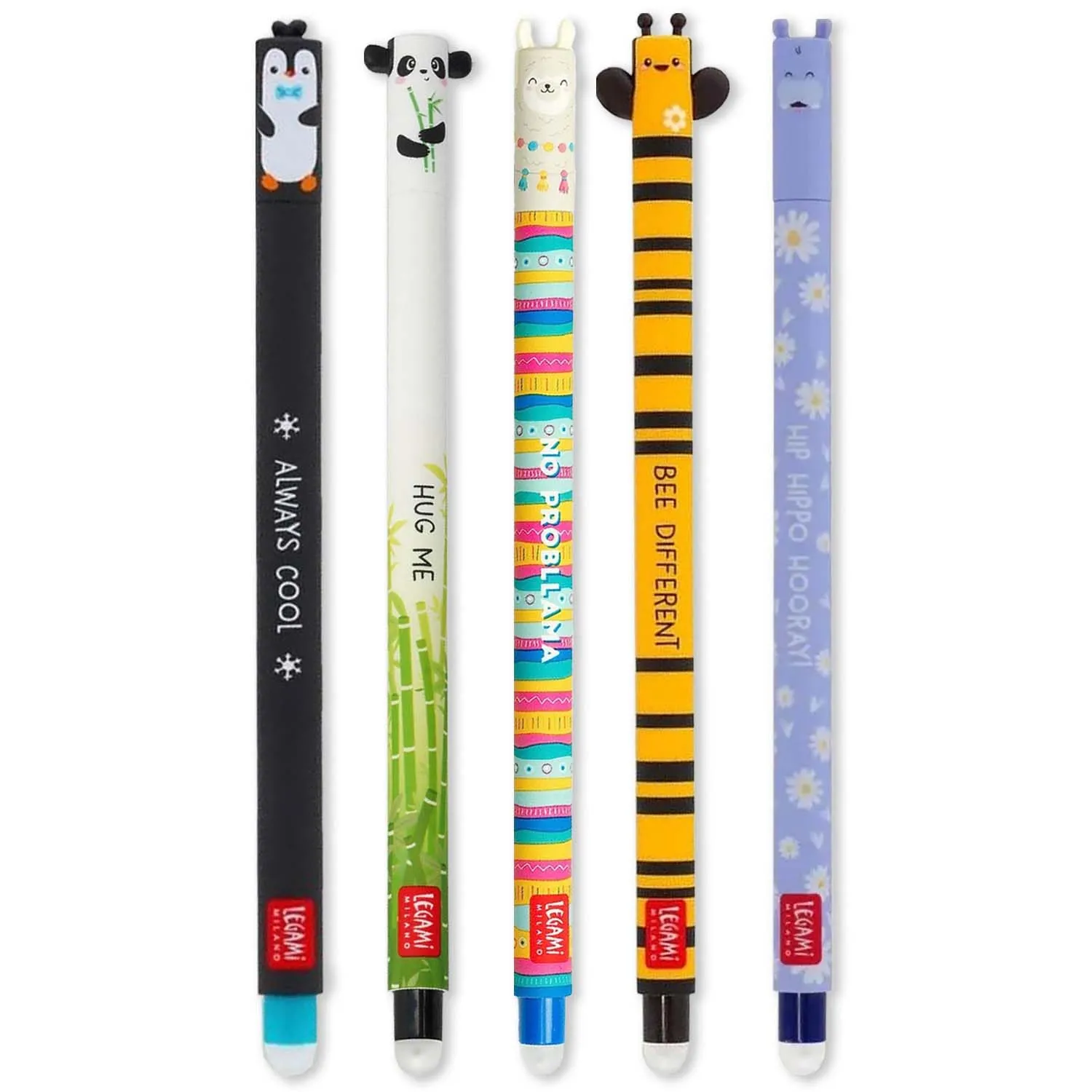 LEGAMI - Set di 5 penne gel cancellabili con inchiostro cancellabile termosensibile, gamma di colori dell'inchiostro e disegni a botte, punta da 0,7 mm, pinguino, panda, lama, ape e ippopotamo