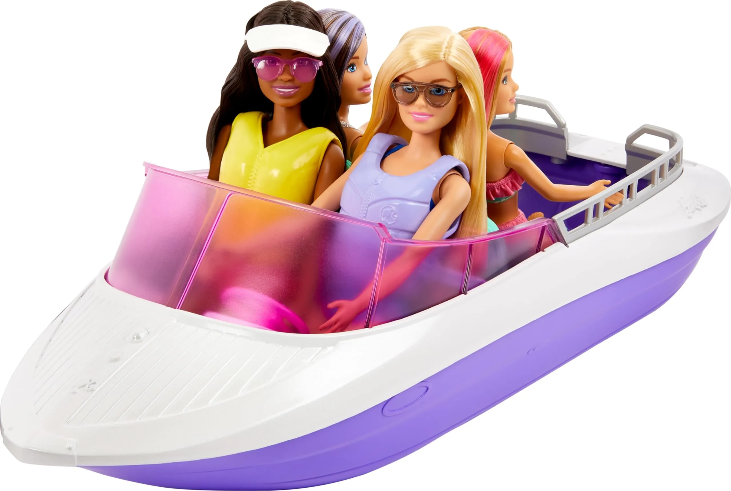 Barbie - Playset Sirene con 2 bambole Malibu e Brooklyn e barca lunga 46+ cm con fondo trasparente per 4 bambole, accessori inclusi, giocattolo per bambini, 3+ anni, HJK58