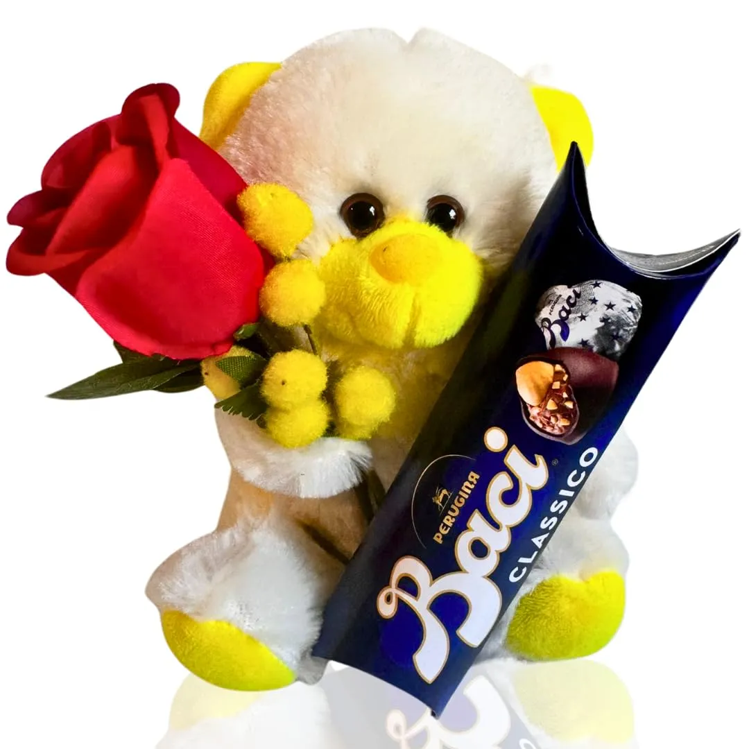 Baci Perugina Regalo San Valentino - Festa della Donna 2025 - Peluche "Occhi Dolci" Giallo Vivace 16cm + 37,5gr Baci Perugina + Rosa Rossa
