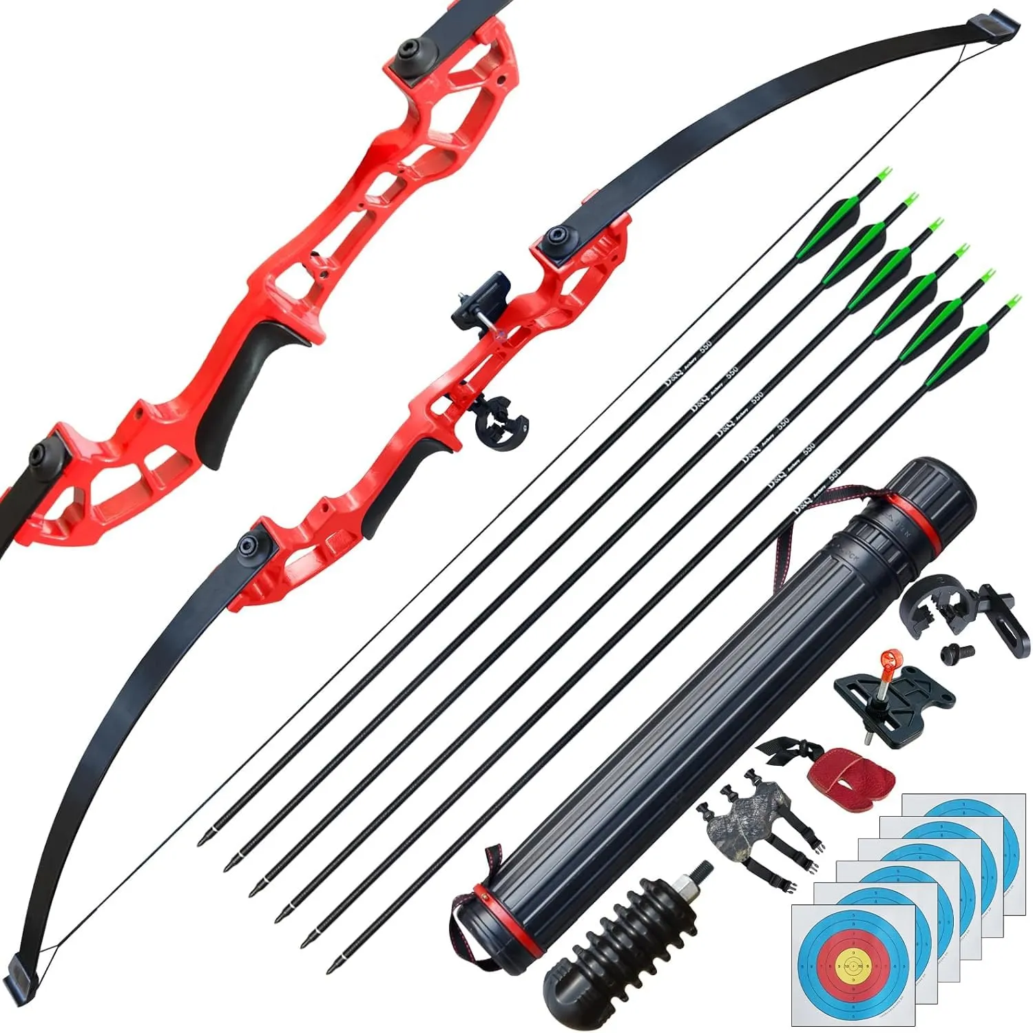 D&Q Arco e frecce Tiro con l'arco Arco ricurvo Arco da caccia 50 pollici 30 libbre 40 libbre con 6 Freccia in Carbonio Misto (Argento, 30LB)