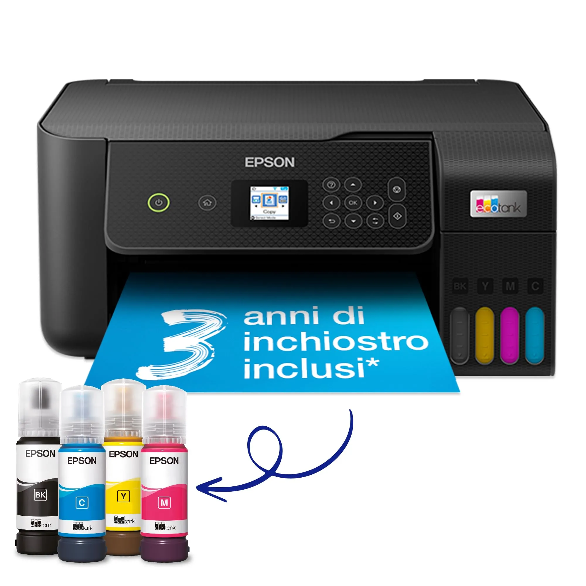Epson EcoTank ET-2821 Stampante Multifunzione 3-in-1 A4, Serbatoi Ricaricabili Alta Capacità, 4 Flaconi Inclusi pari a 3600pag B/N 6500pag Colore, Display LCD USB Wi-Fi/Direct, Nero