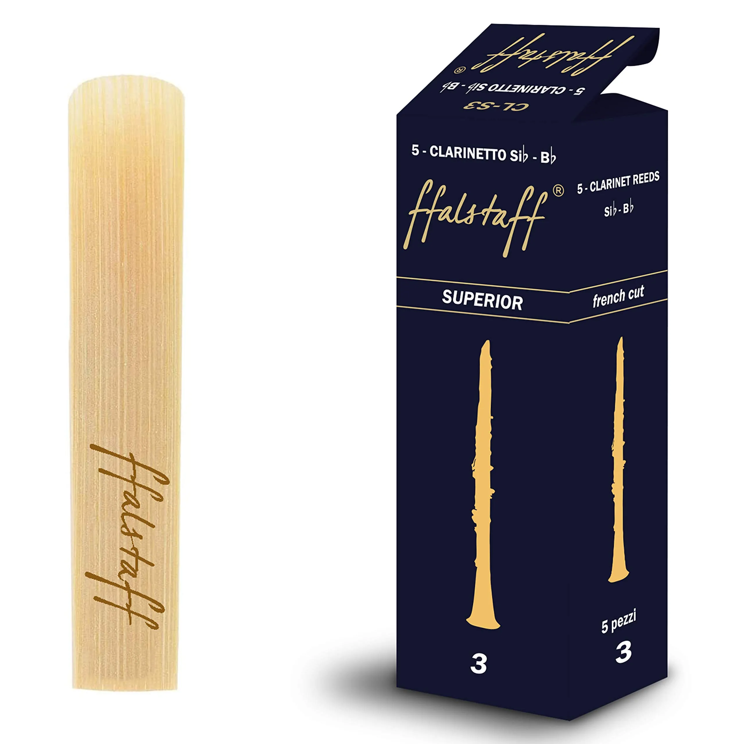 ffalstaff Ance per Clarinetto Si bemolle "Superior" con Taglio Francese Durezza 3 in Canna Tradizionale Arundo Donax - Smart Pack da 5 pezzi - Ogni Ancia è Sigillata e Sterilizzata Singolarmente