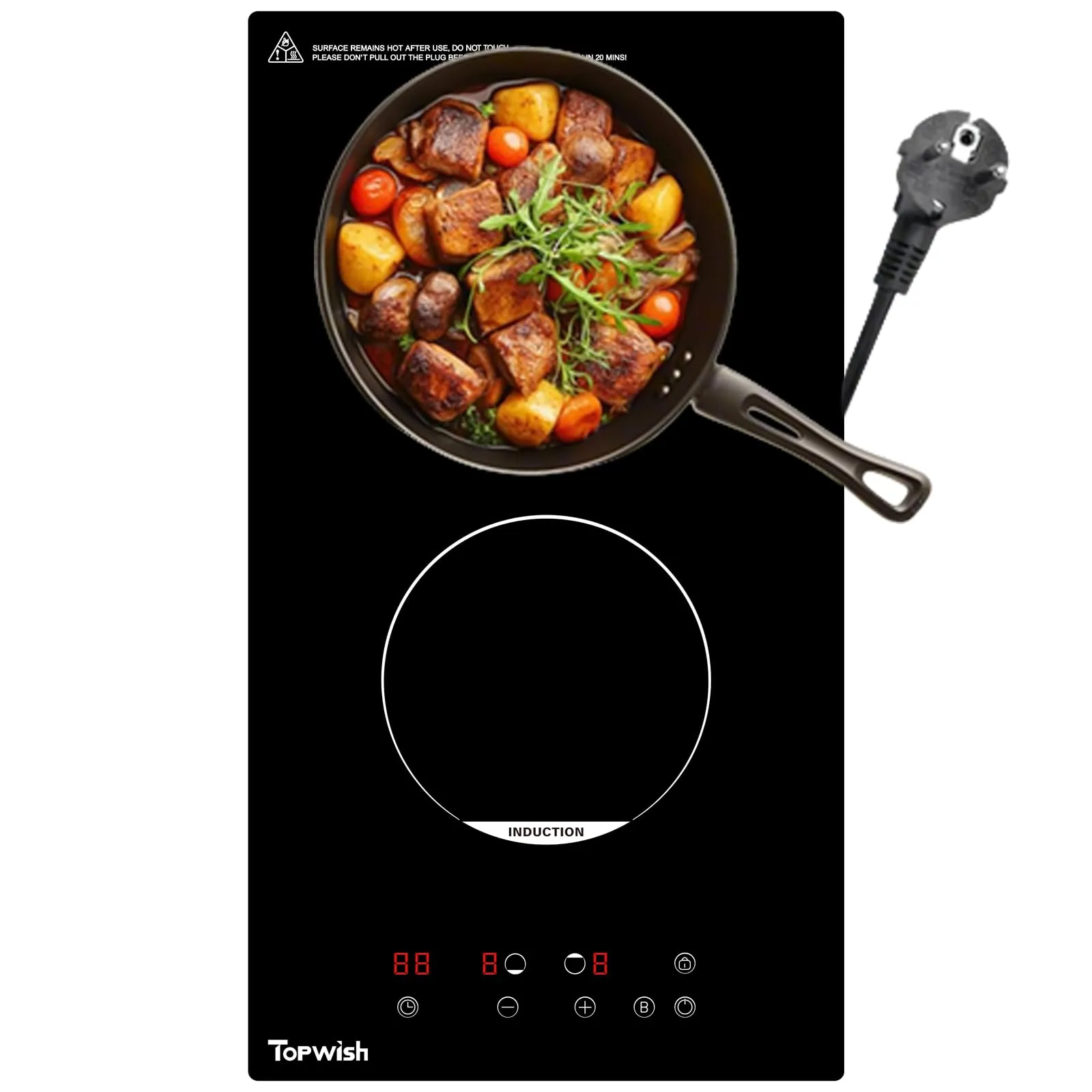 Topwish piano induzione 2 fuochi,piano induzione,cucina induzione,piano cottura induzione con sicurezza bambini,funzione boost,controllo touch,indicatore di calore residuo,timer, 29*52*6.4cm,con spina
