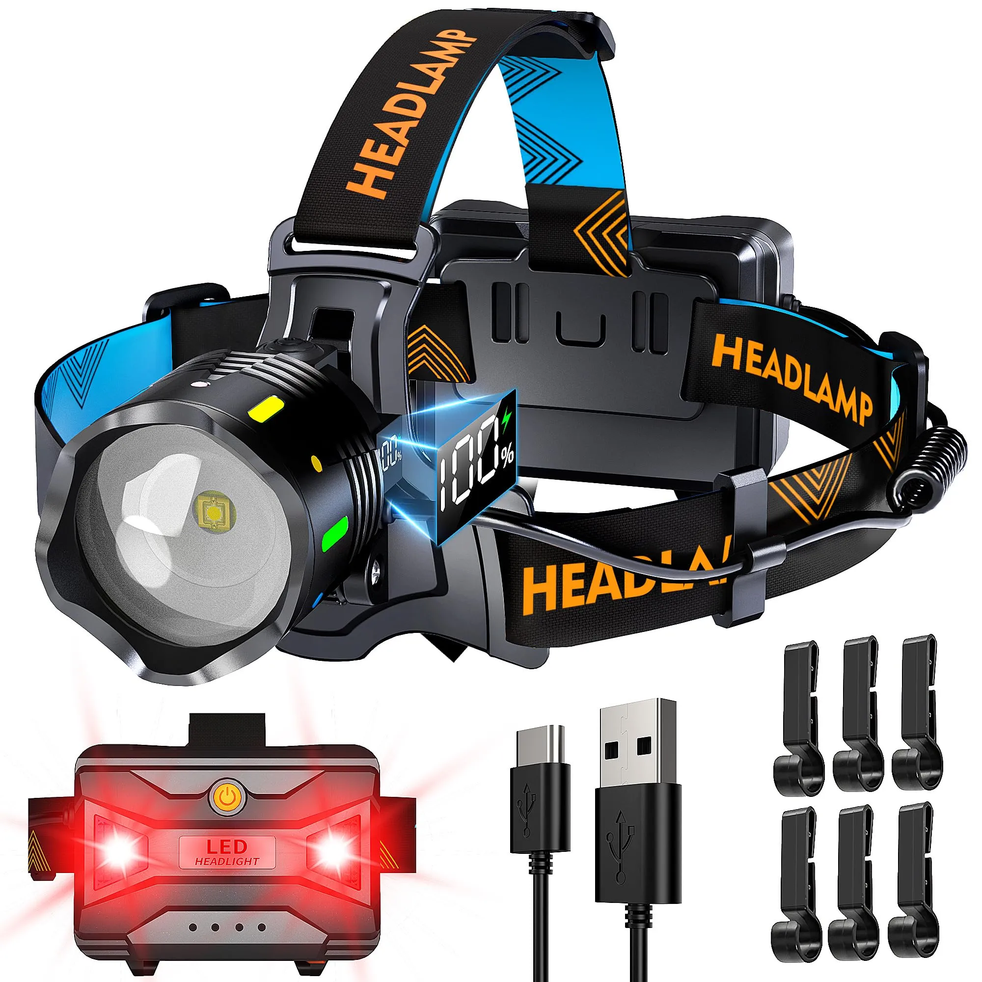 160000 Lux 11 Modalità Torcia Frontale Rosso Avviso e Sensore, 90H Standy 125° Lampada Frontale Regolabile e Zoomabile, Torcia Frontale Led Ricaricabile Impermeabile IP44 per Outdoor Pesca Trekking