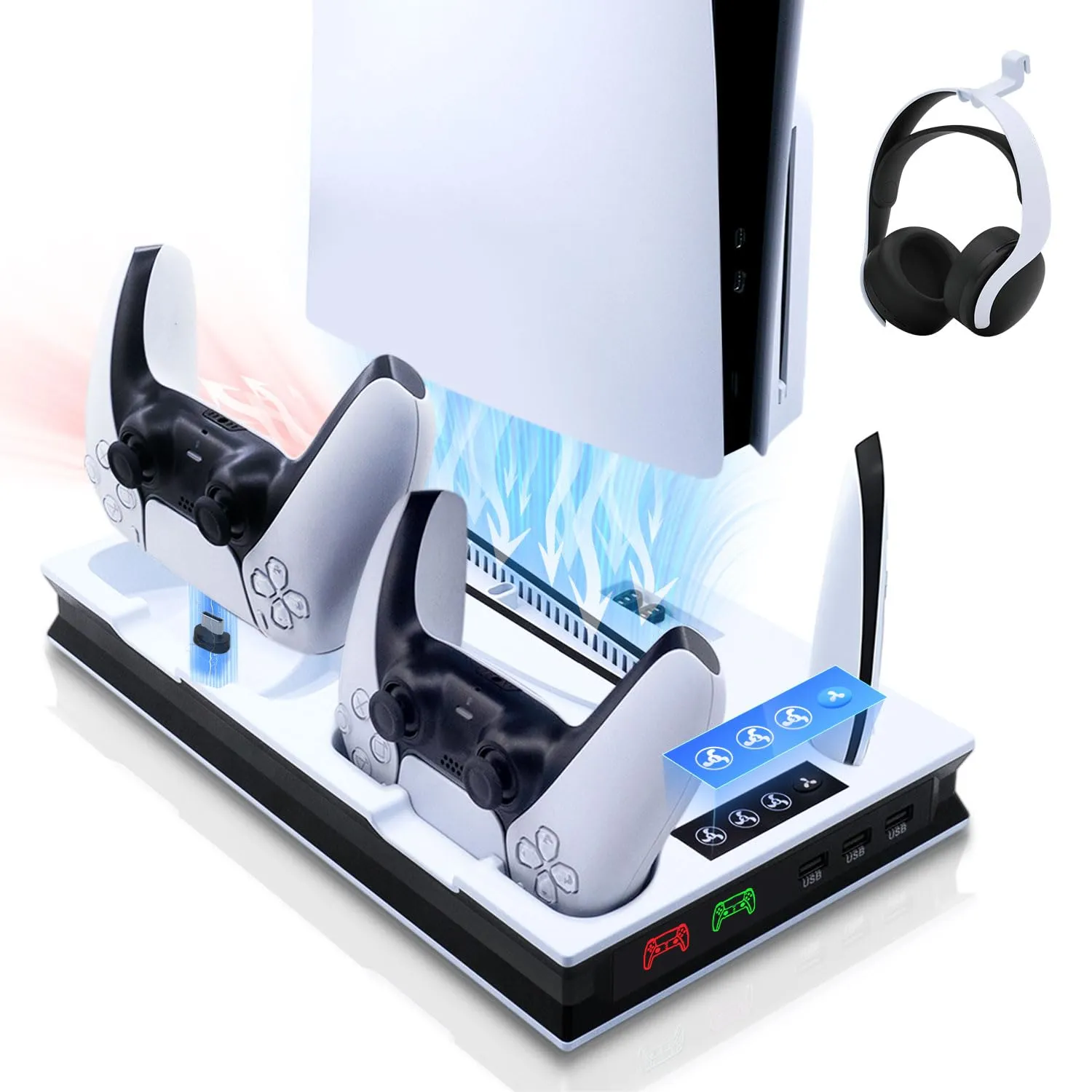 Tolesum Supporto Verticale di Raffreddamento per PS5/PS5 Pro/PS5 Slim Stazione di Ricarica per Controller Doppi con 3 Livelli di Ventola/Supporto per Cuffie per PS5/PS5 Slim UHD/Digital Edition