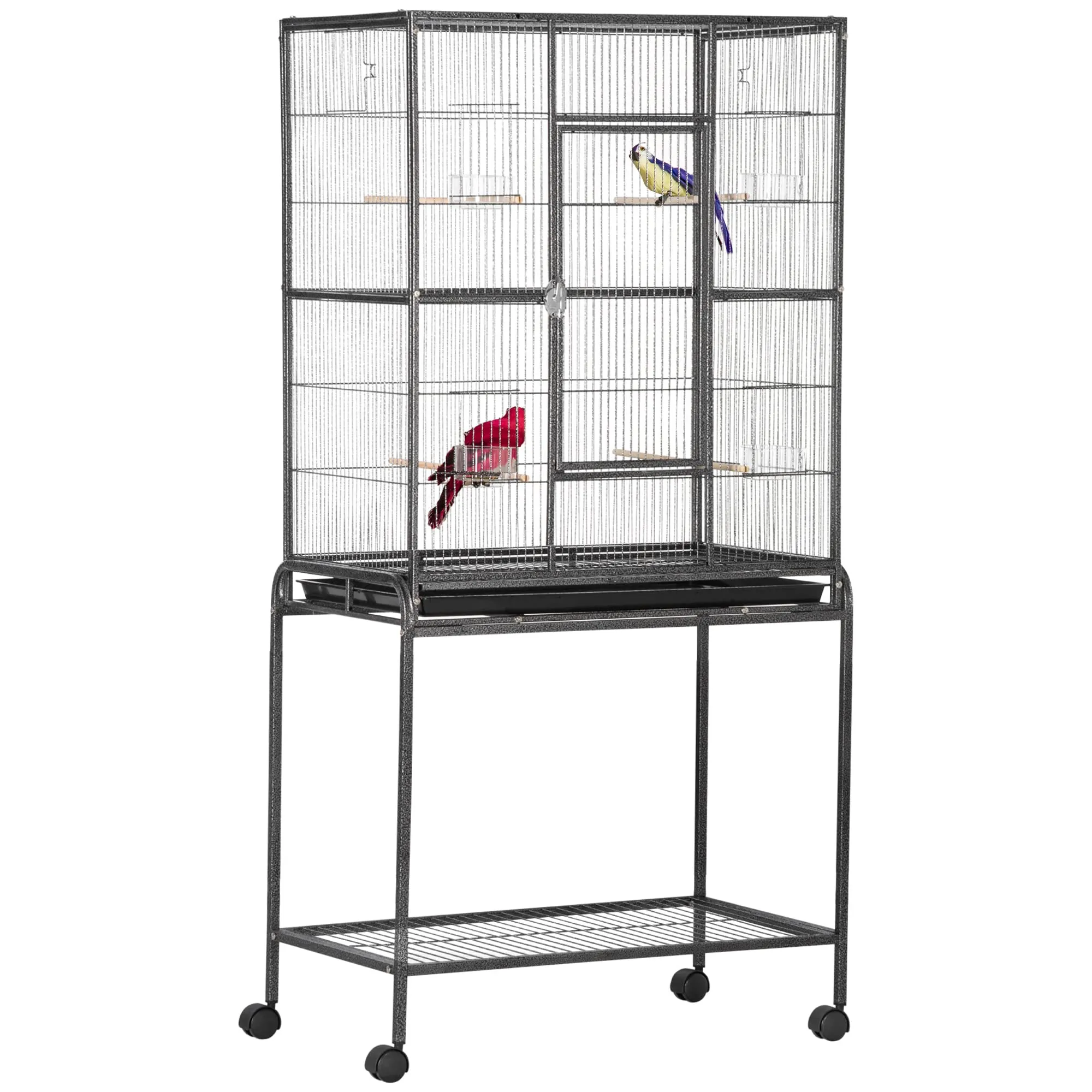 PawHut Gabbia per uccelli, portatile, gabbia per uccelli, con 4 mangiatoie e 4 posatoi pratici, 77 x 47 x 163 cm, colore: nero e grigio