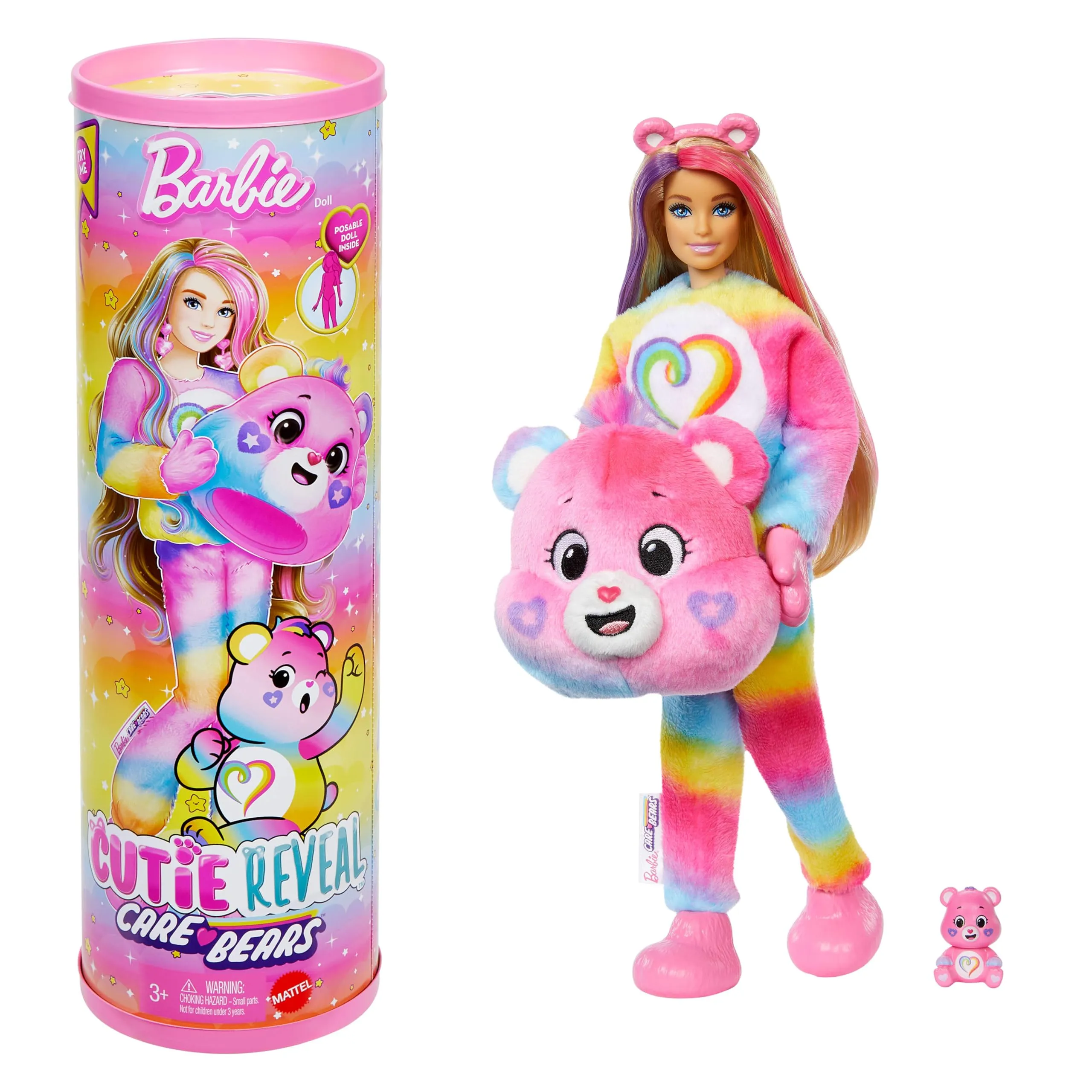 Barbie - Togetherness Bear, bambola Cutie Reveal Care Bears Serie 2 con costume in peluche e mini orso, 10 sorprese e accessori con effetto cambia colore, giocattolo per bambini, 3+ anni, JFV60