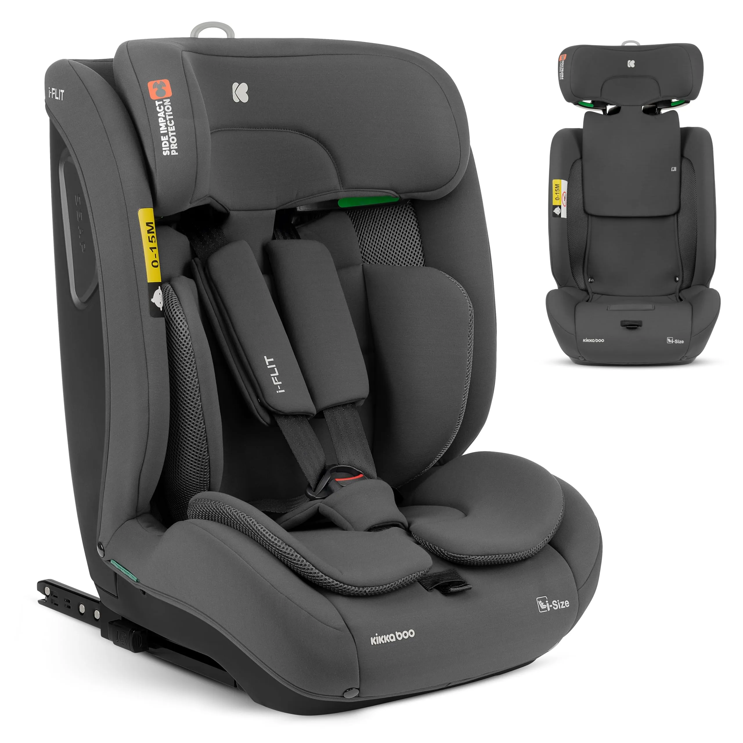 KikkaBoo Seggiolino Auto 9-36 kg ISOFIX i-FLIT, Gruppo 1 2 3, Reclinabile, da 15 Mesi a 12 Anni, i-Size, SPS, Top Tether, Poggiatesta Regolabile, Grigio scuro