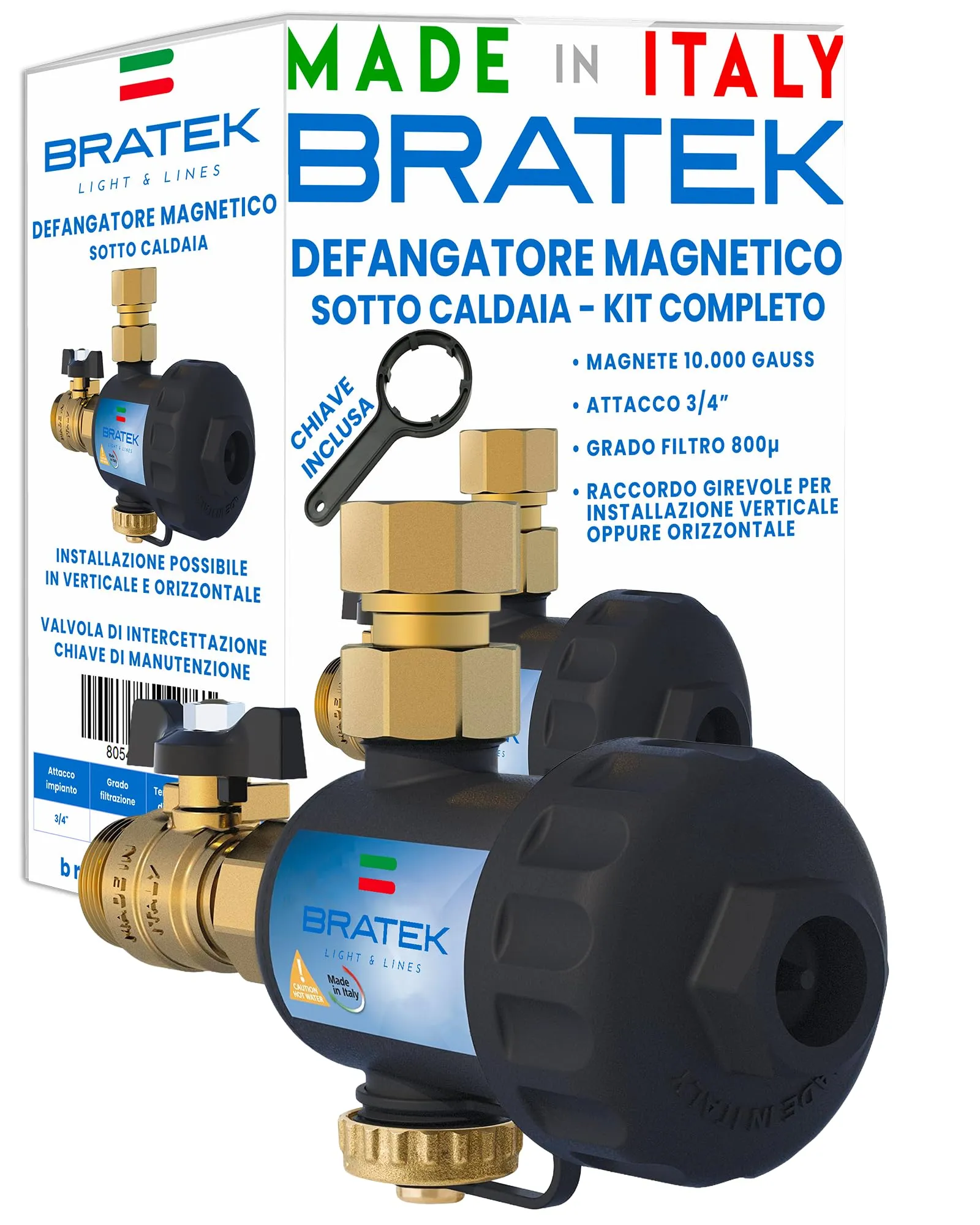 Bratek Defangatore Caldaia - Filtro Caldaia Defangatore Magnetico 10000 Gauss - Kit Salva Caldaia a Condensazione, Trattiene Ruggine, Ferro e Sabbia Fino a 800 µ - Attacchi Ottone 3/4", 4-90 °C, 6 Bar