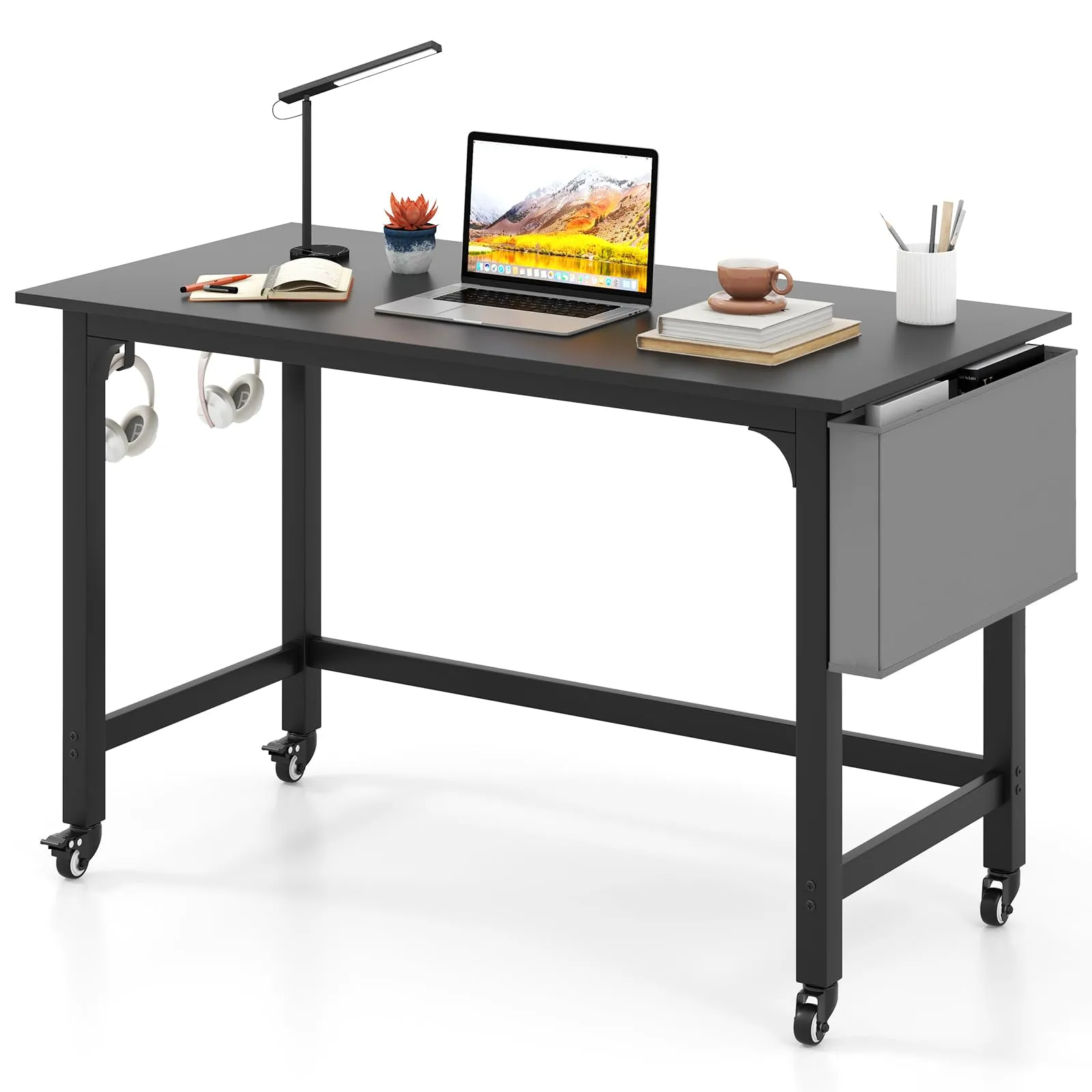 COSTWAY Scrivania per Ufficio e Casa, Scriviania con Ampio Piano, 4 Ruote Bloccabili, Borsa Rimovibile e Ganci per Cuffie, Scriviania per Computer di Metallo e Legno (Nero)