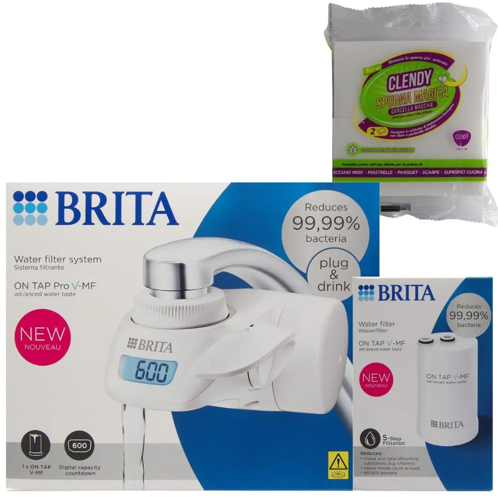 SET: BRITA Macchinetta ON TAP Pro V-MF Incl. 1x Filtro Acqua Rubinetto V-MF (600L), Display Contalitri Digitale+Filtro Acqua Rubinetto ON TAP V-MF (600L)+OMAGGIO Spugna Magica
