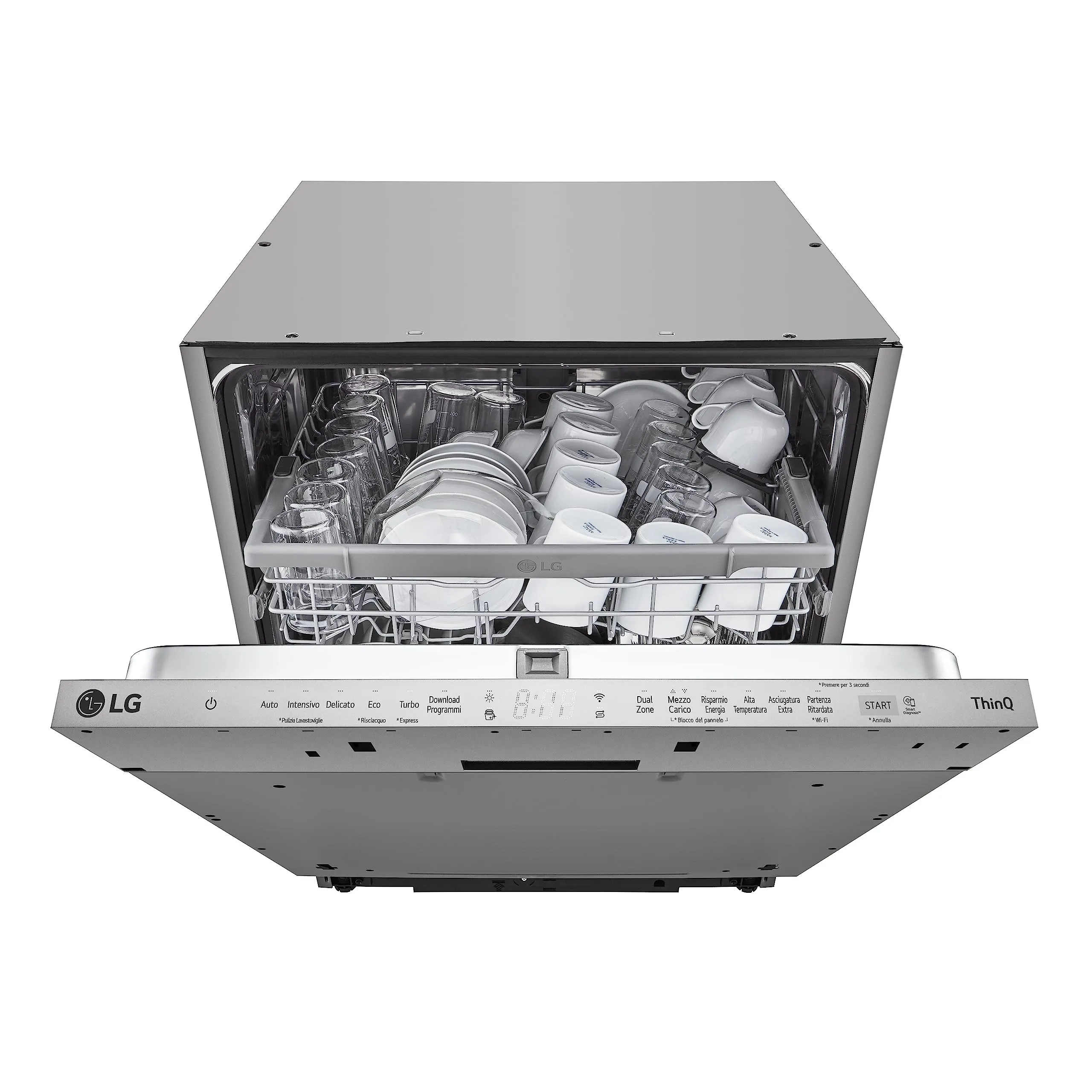 LG QuadWash DB242TX Lavastoviglie da Incasso a Scomparsa Totale, Serie 2, Classe D, 14 Coperti, 4 Bracci Irroratori, EasyRack+, Dual Zone, Wi-Fi, Motore Inverter Direct Drive, Acciaio
