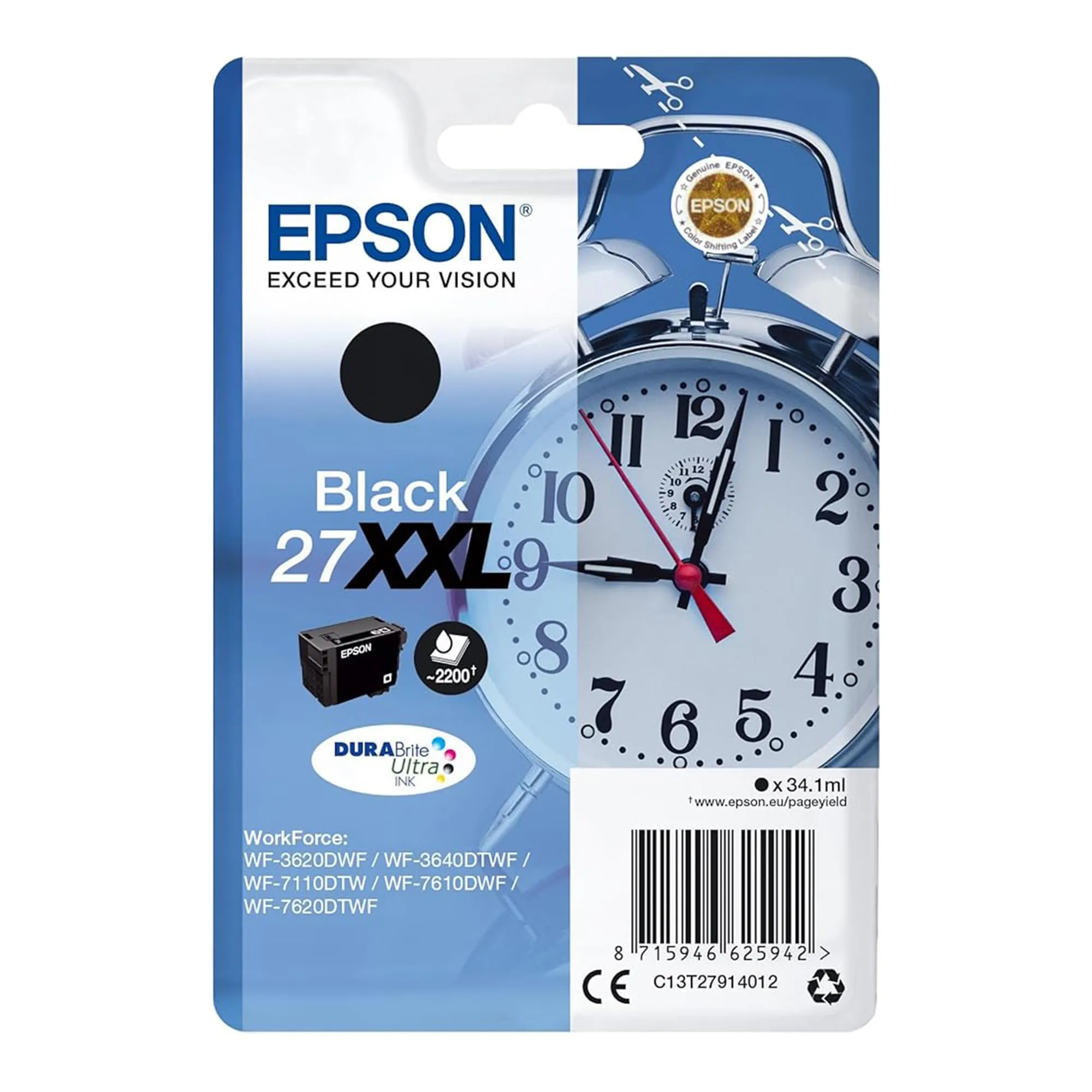Epson 27 Serie Sveglia, Cartuccia Originale Getto d'Inchiostro DURABrite Ultra, Formato XXL, Nero