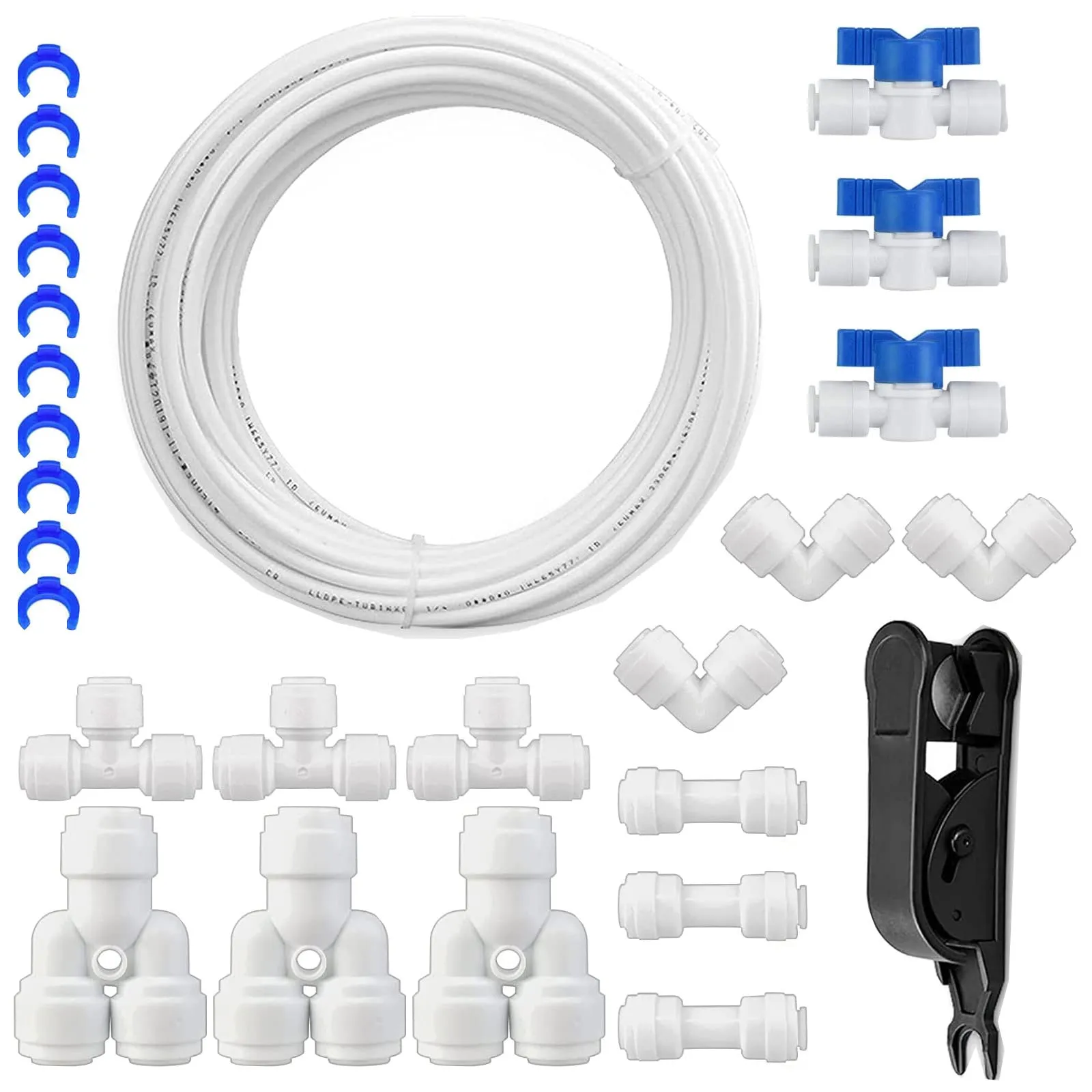 HUAZIZ 10 Meter Raccordo Filtro Acqua ad Osmosi Inversa per Connessione Rapida 1/4 di Pollice, Tubo per Frigorifero,10 M Tubi di Osmosi Inversa (Y + T + I + L Tipo Combo + Valvola di Intercettazione)