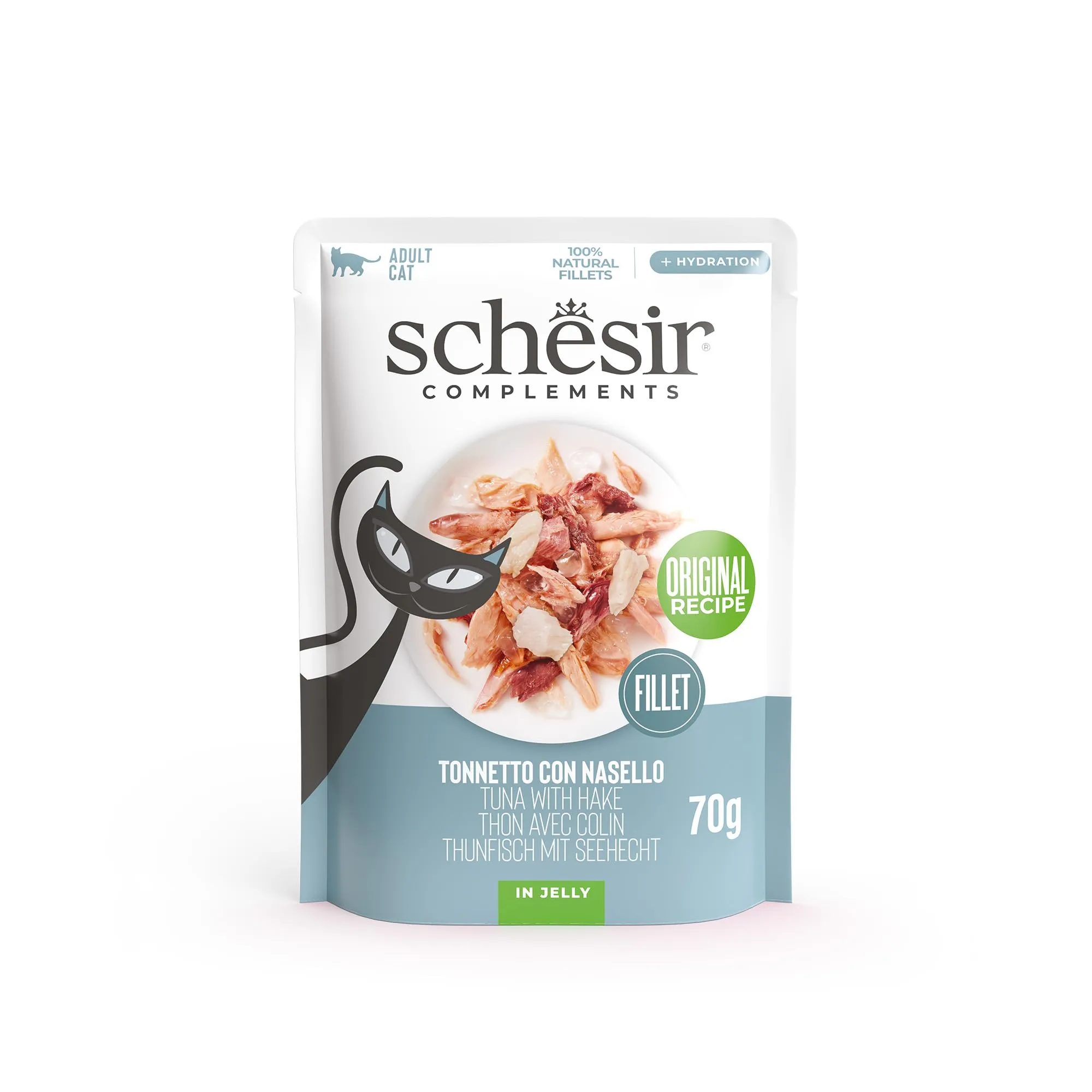 Schesir, Filetti di Tonno con Nasello in Gelatina, Cibo Umido Complementare per Gatti, Ricetta Originale, 100% Naturale, 12 buste da 70g