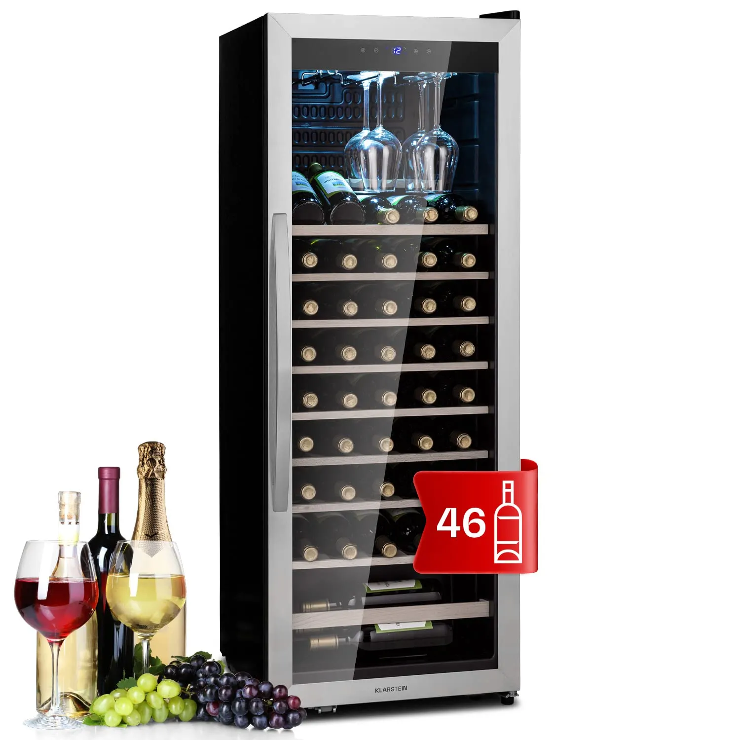 KLARSTEIN Cantinetta Vino, Cantinetta Vino Refrigerata a Zona Singola per Interno/Esterni, Frigo Bar, Cantina Vino con Vetrina, Mini Bar con Protezione UV, Frigo Vino Touch, 4-18°C, 46 Bottiglie