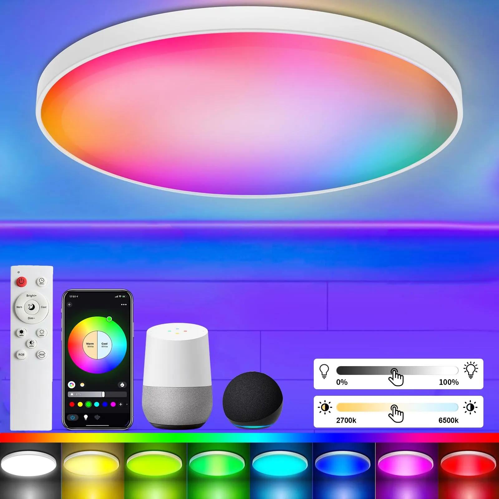 Taipow 30W Plafoniera Led Soffitto con Telecomando, Dimmerabile RGB Compatibile con Alexa Google Home, Lampada 2700-6500k per Camera da letto Cucina Corridoi