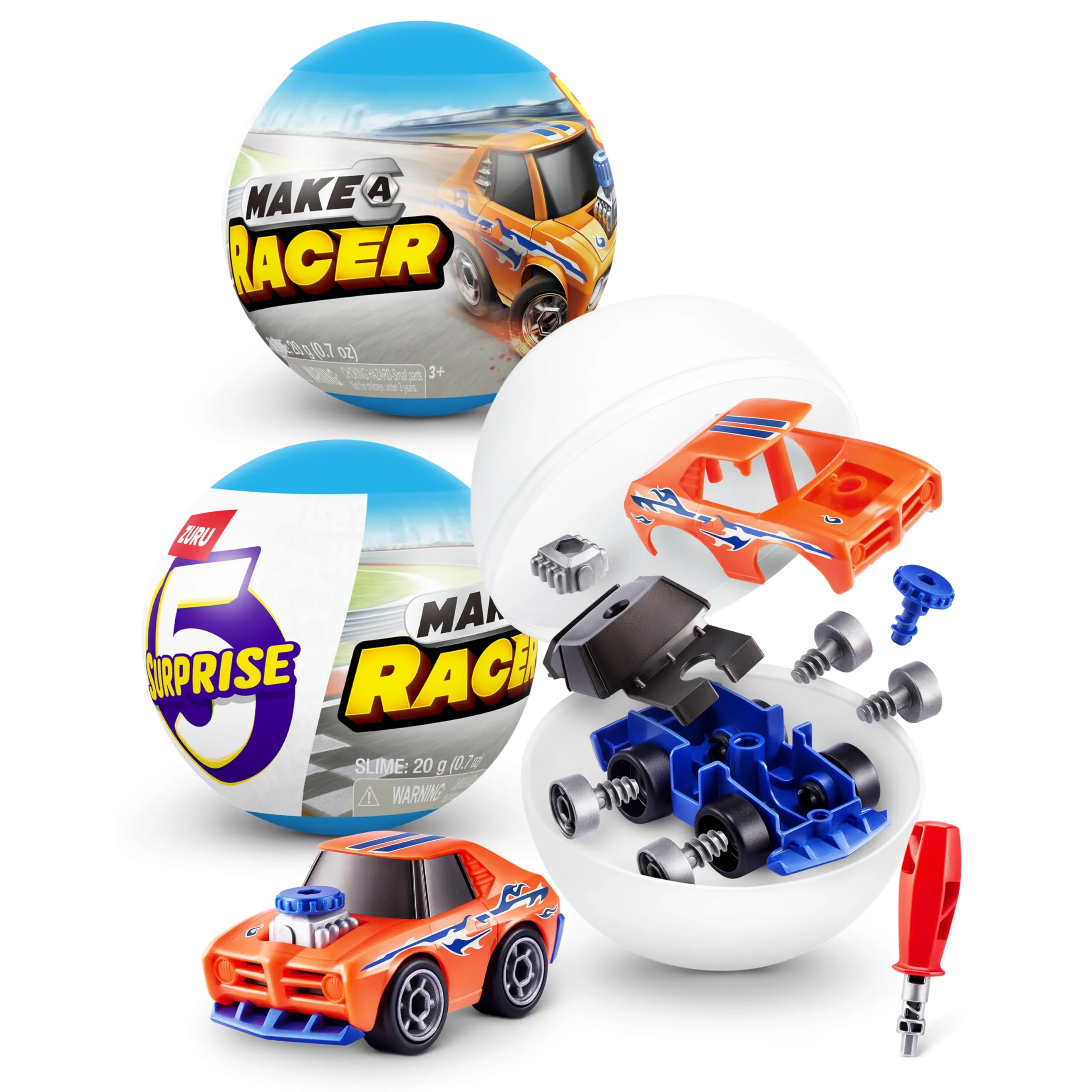 5 SURPRISE ZURU Make-A-Racer, SPACCHETTA e TROVA un’auto da corsa giocattolo, gioco slime e molto altro (2 Capsule)