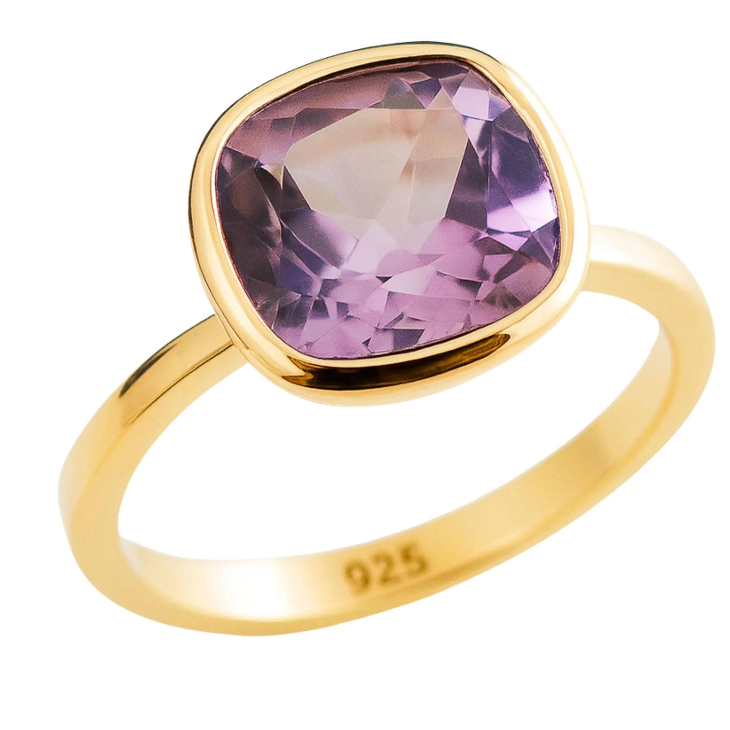 Anello in argento sterling placcato oro con taglio a cuscino di ametista