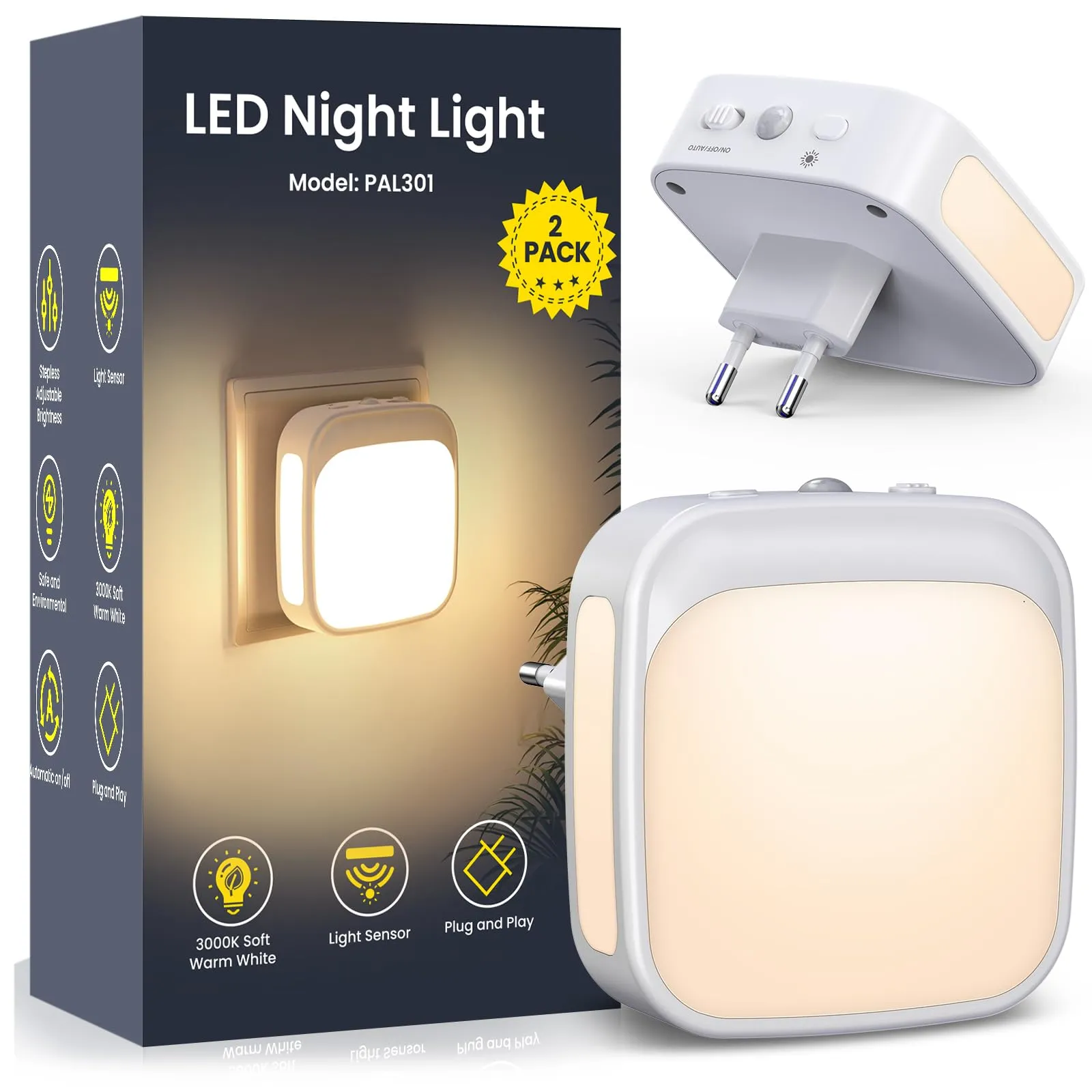 PALATALA 2 Pezzi Luce Notturna Bambini, Luce Notturna da Presa con Sensore Crepuscolare, Luminosità Regolabile, Luci Notturne da Presa Bianco Caldo per Cameretta, Cucina, Corridoio, Bagno e Scale