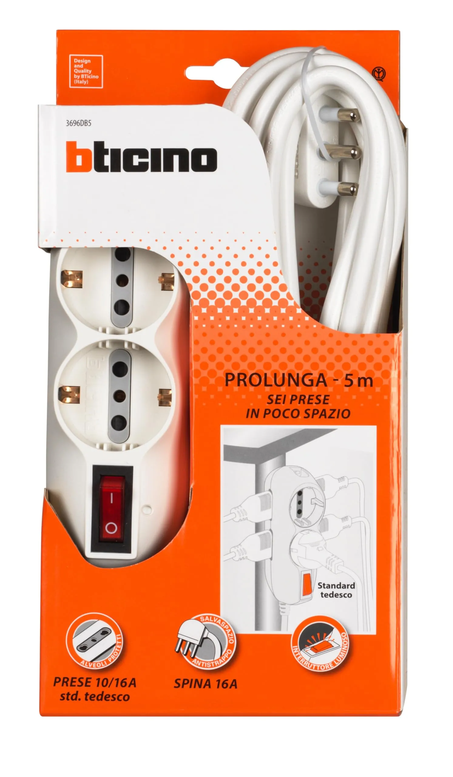 BTICINO Ciabatta Multipresa Slot 3696DB5, Multipresa Elettrica 6 Posti, 2 Prese Schuko Standard Tedesco, 4 Prese Bipasso Bivalenti 10/16A, Presa Multipla con Interruttore, Spina Grande 16A, Cavo 5mt