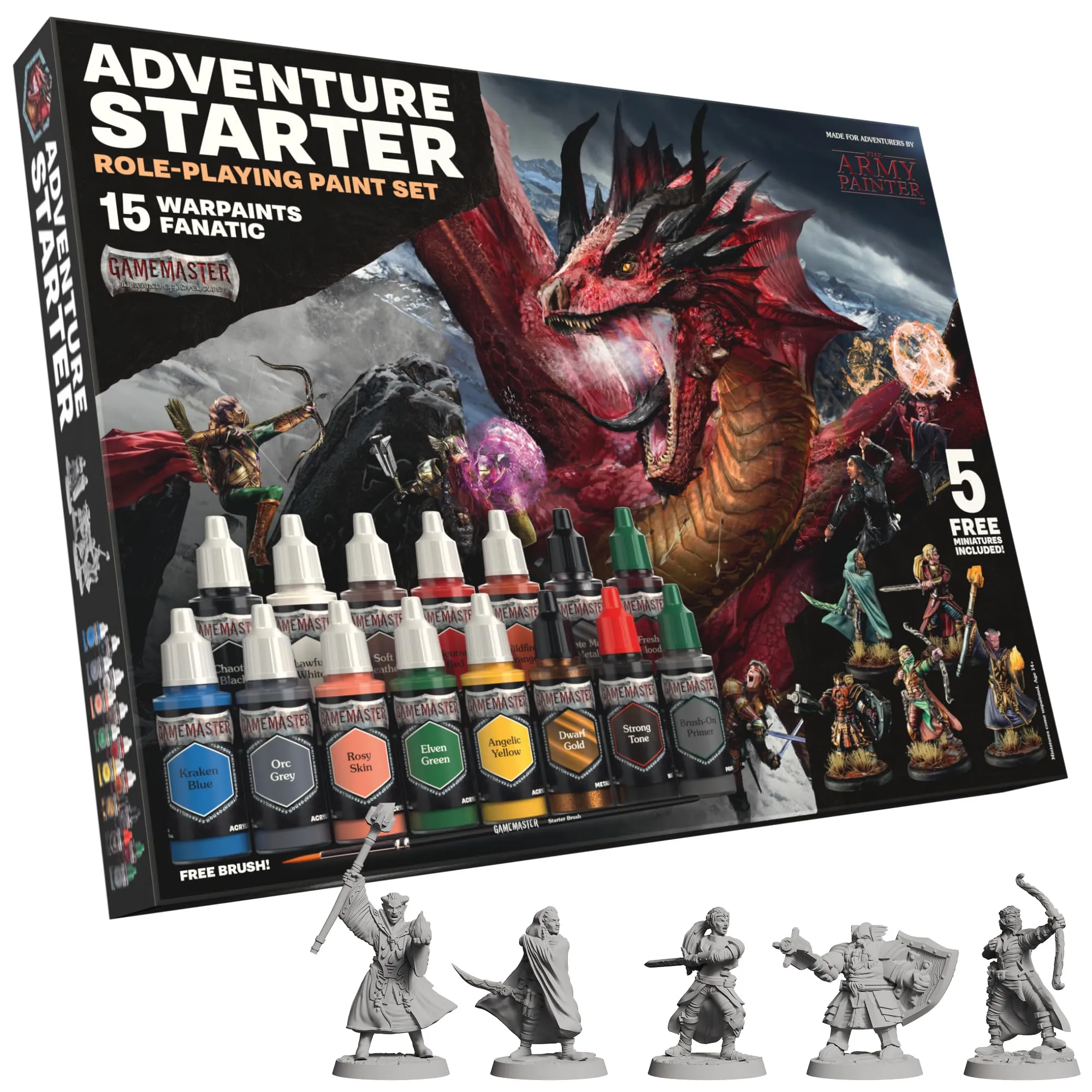 The Army Painter, GameMaster: Adventure Starter Role-playing Paint Set, 15 x 18 ml di colori modellistici Fanatic, incl. primer, 5 miniature da tavolo e 1 pennello – per DnD e Warhammer