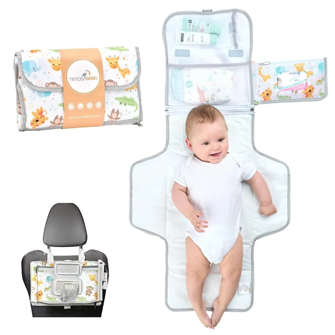 Fasciatoio Portatile Pieghevole e impermeabile XL–Questo fasciatoio è una borsa rimovibile composta da 6 tasche insieme a un dispenser di salviette e un comodo cuscino per la testa del bambino.