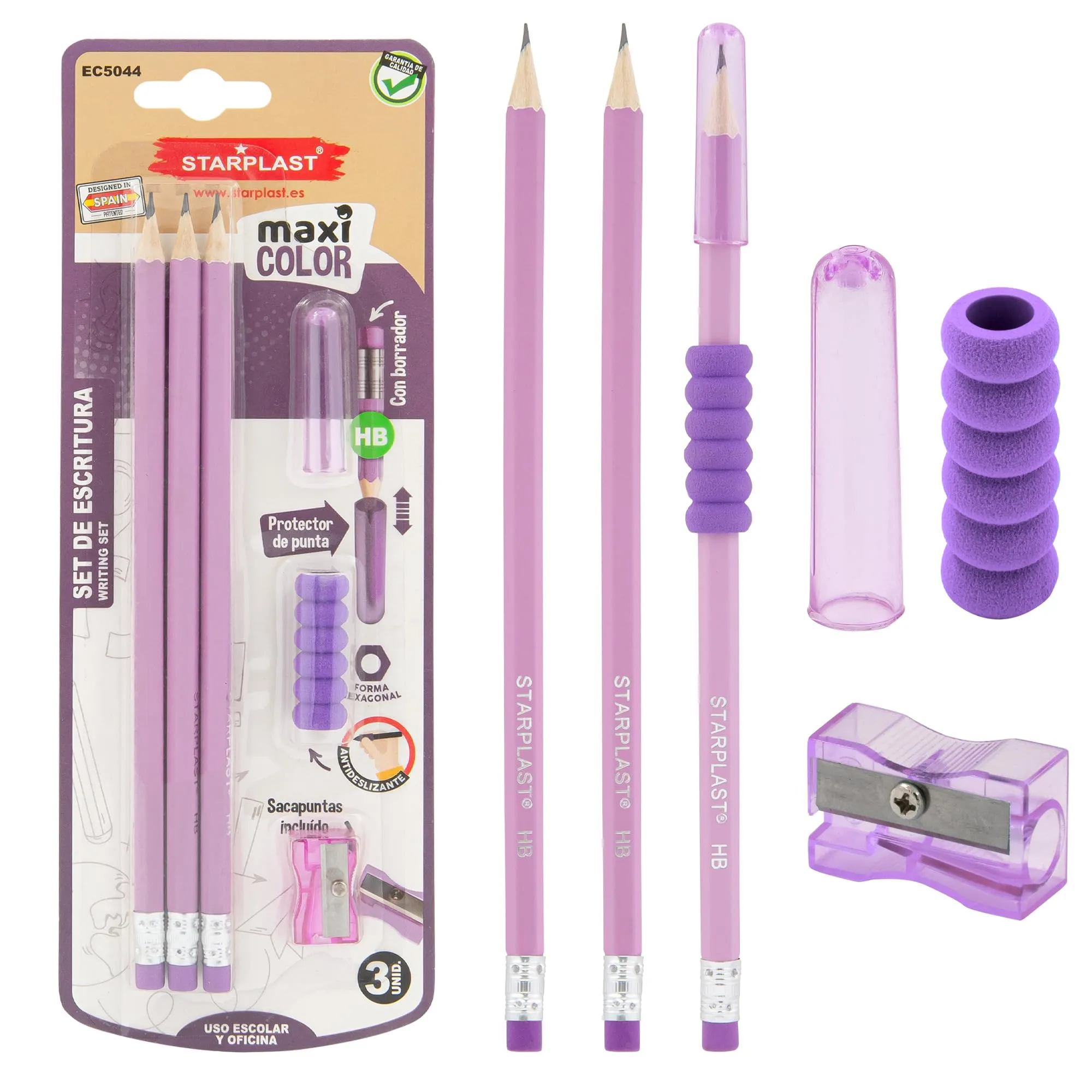 Starplast Set 3 matite lilla con gomma HB, temperamatite antiscivolo e tappo protettivo - corpo 19 cm, forma esagonale, scuola, ufficio, insituto