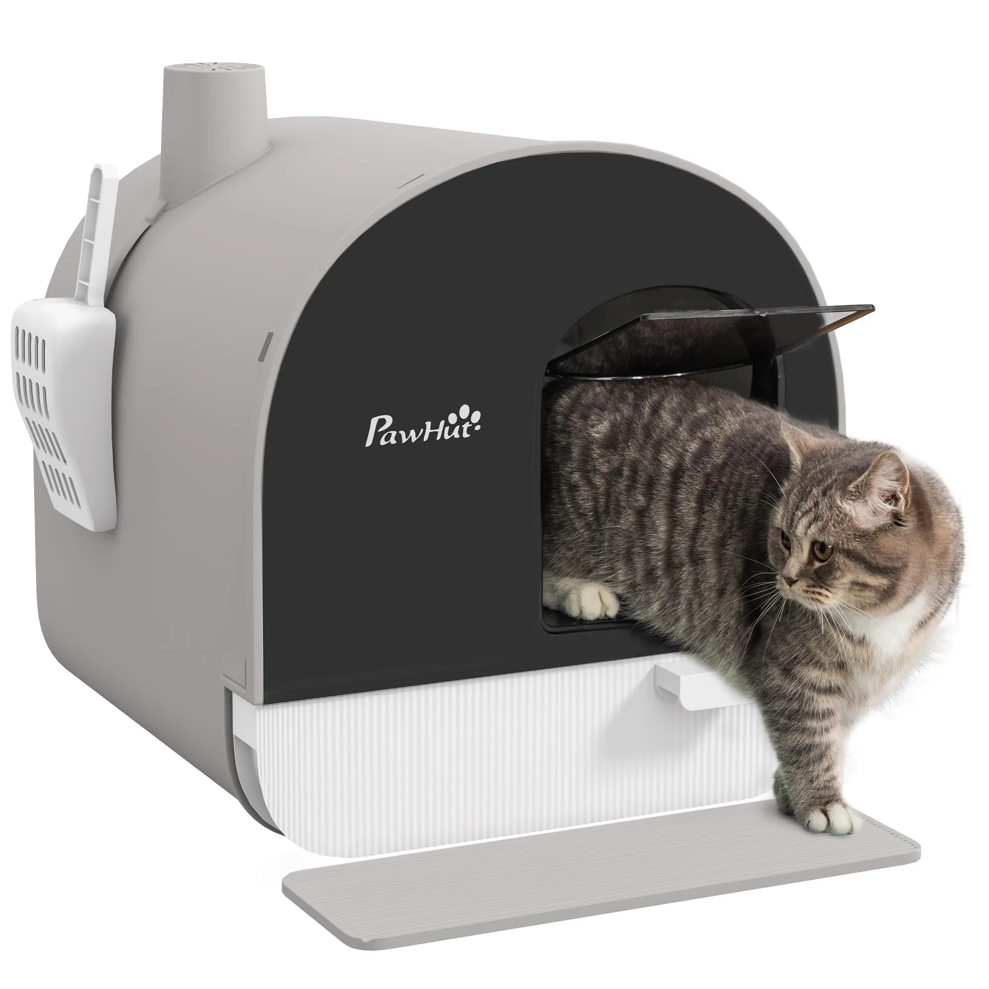 PawHut Lettiera per Gatti Chiusa, Casetta con Vassoio Estraibile, Paletta, Porta e Filtri Antiodore, Toilette per Gatti Antipertita con Tappetino, Grigio e Nero