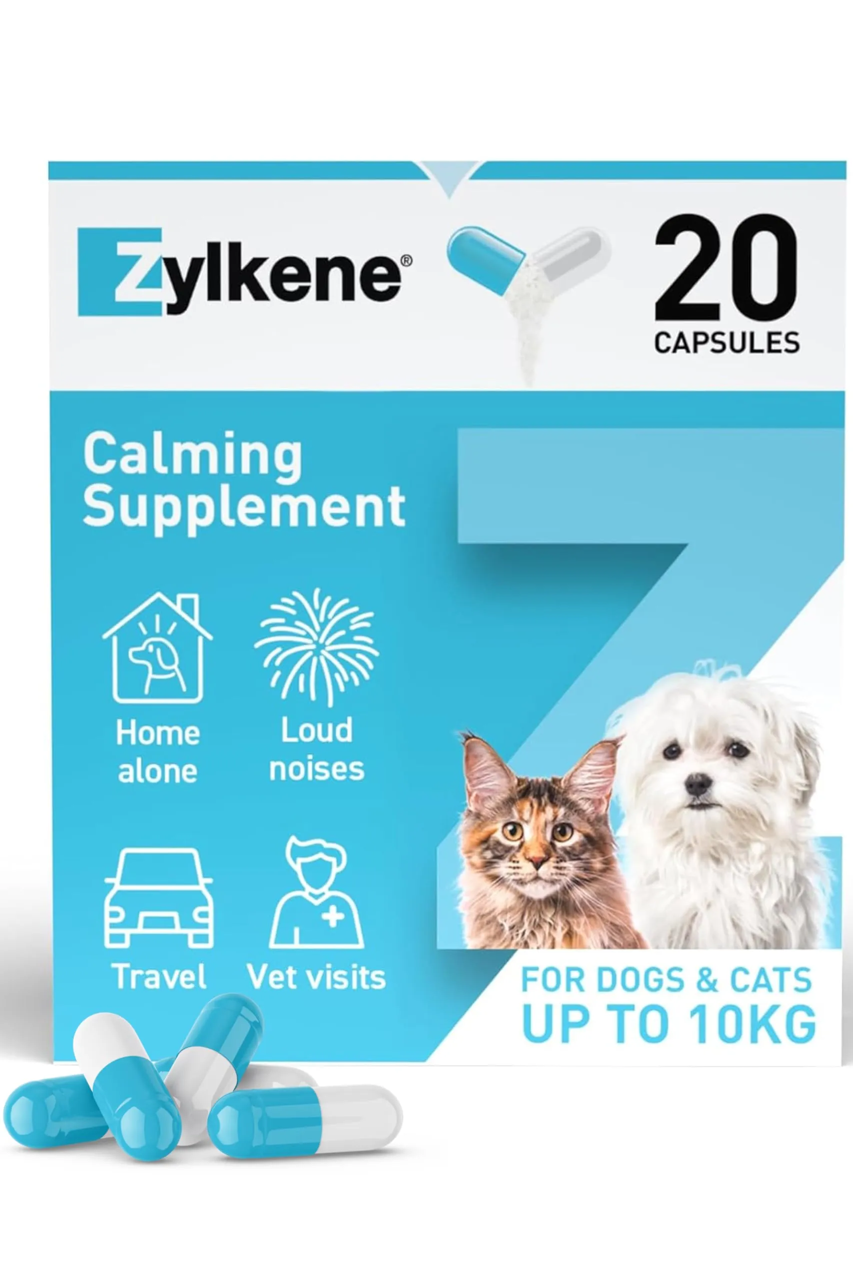 Zylkene Integratori calmanti per cani e gatti fino a 10 kg 75 mg | Aiuta ad alleviare l'ansia degli animali domestici in situazioni difficili | Facilmente somministrato | 20 capsule