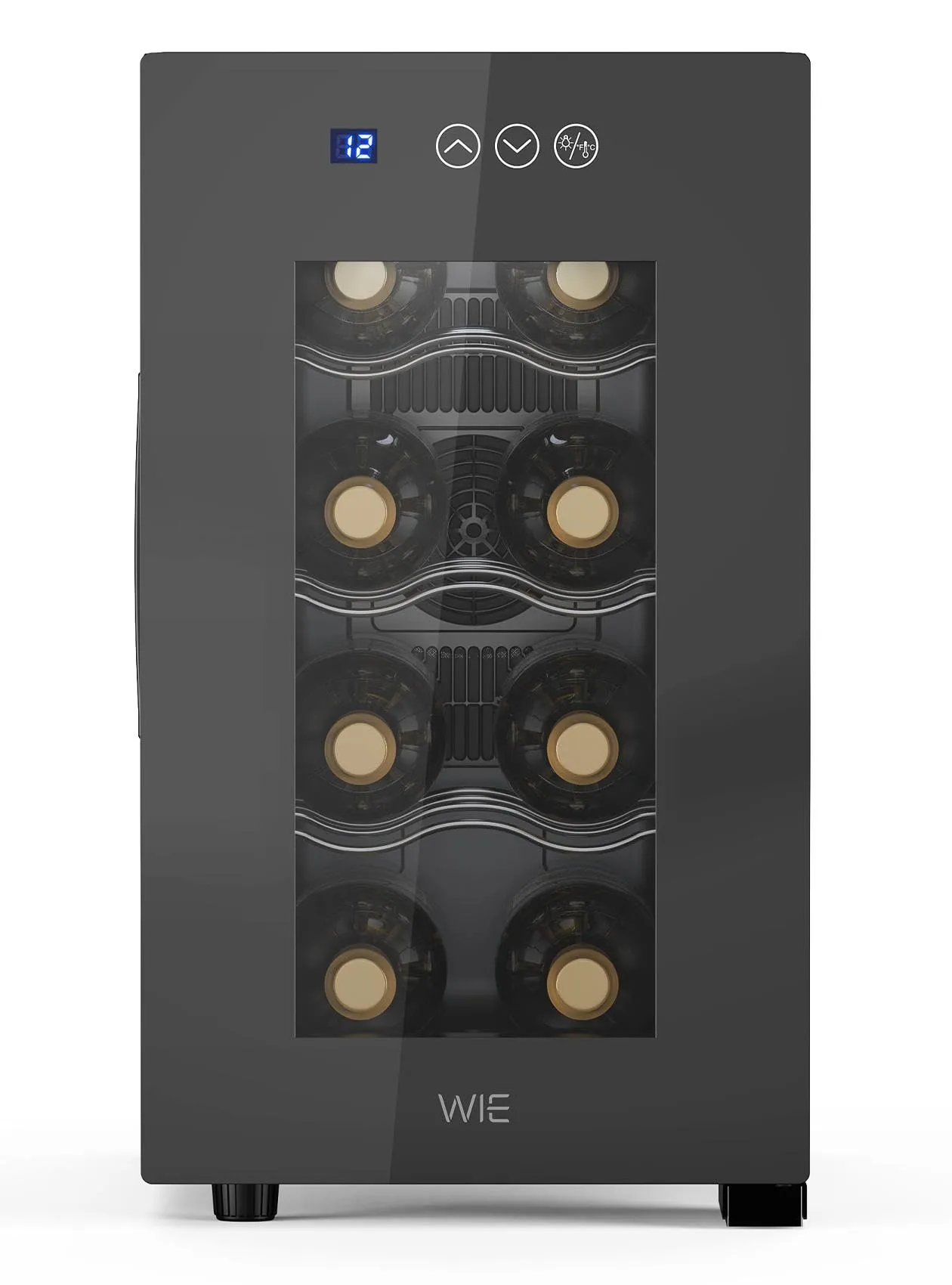 WIE Cantinetta Vino 8 Bottiglie, Raffreddamento Termoelettrico, Cantinetta Vino Refrigerata con Controllo touchscreen, Porta in Vetro a Specchio, Ripiani Regolabili, Luce LED, Muto, 5-18℃