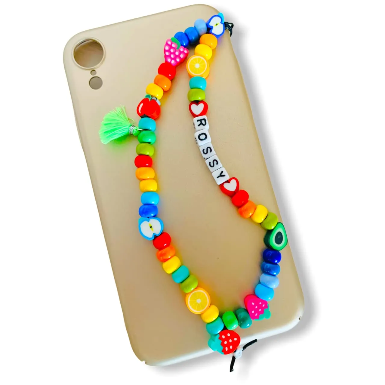 Phone strap perline fatto a mano in Italia con perline di vetro originale di Boemia.Charm e personalizzato con lettere e nome. Porta cellulare da polso o collana meravigliosa!