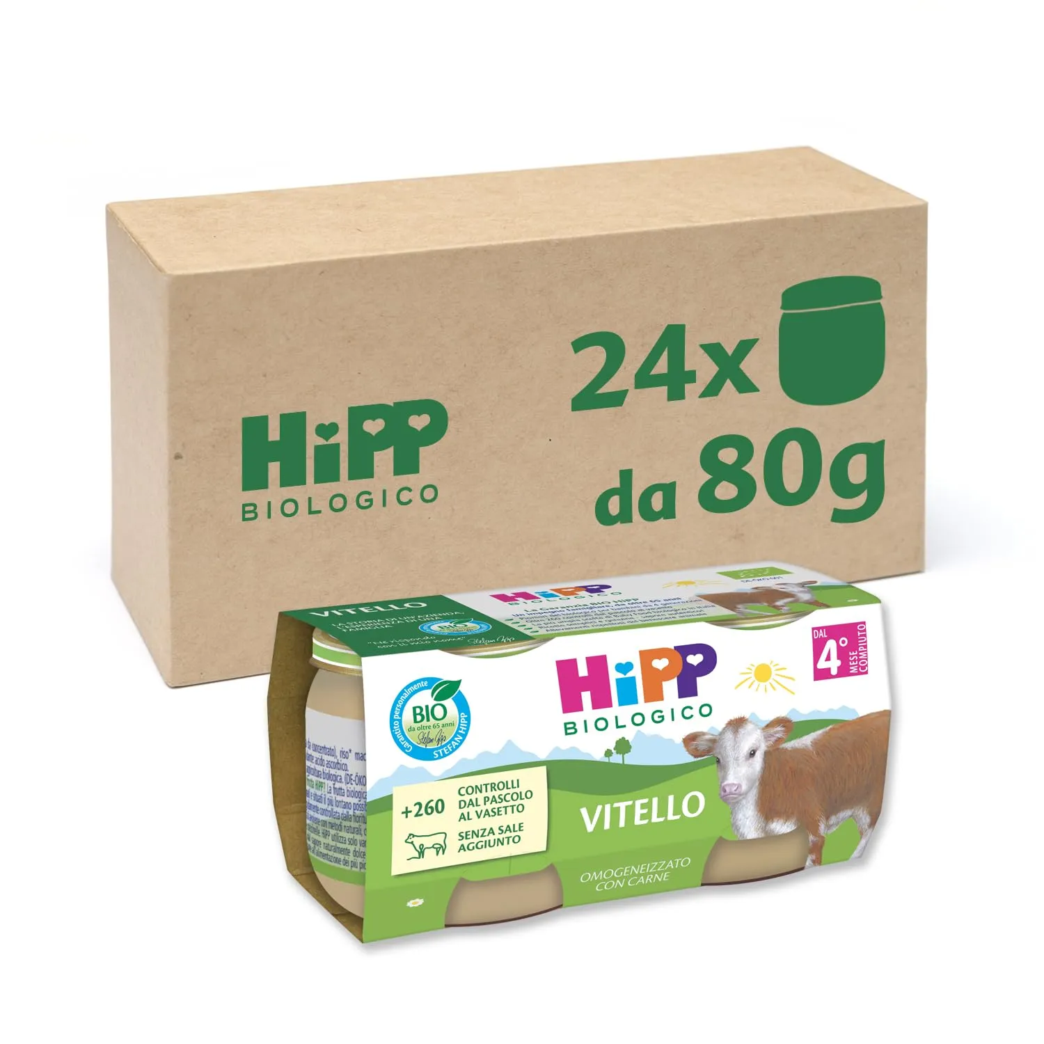 HiPP - Omogeneizzato di Carne Biologico per Neonati, Gusto Vitello, Senza glutine, Senza Sali e Aromi Aggiunti, Carne Bio, 24 Vasetti da 80 g