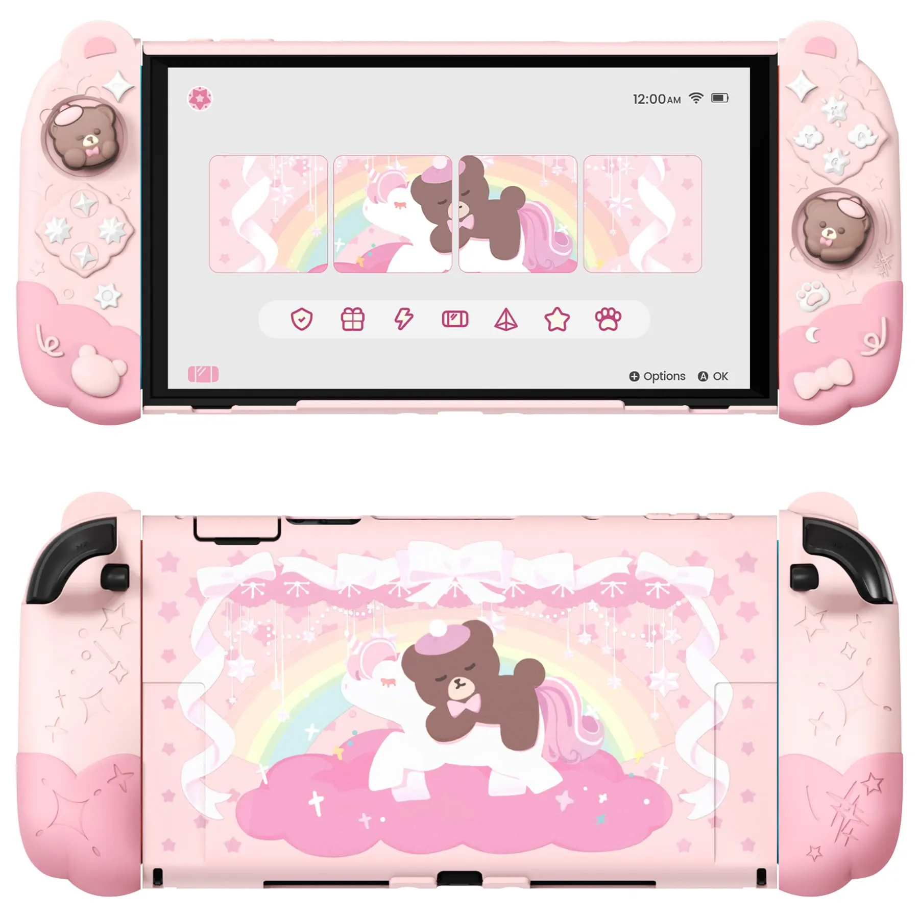 playvital Cover Dockable Rigida per Nintendo Switch 2 Console, Custodia Protettiva Silicone per Joycon 2&Supporto Regolabile Extra&Copri Analogici, Accessori Carini, Buonanotte Orso-Rosa