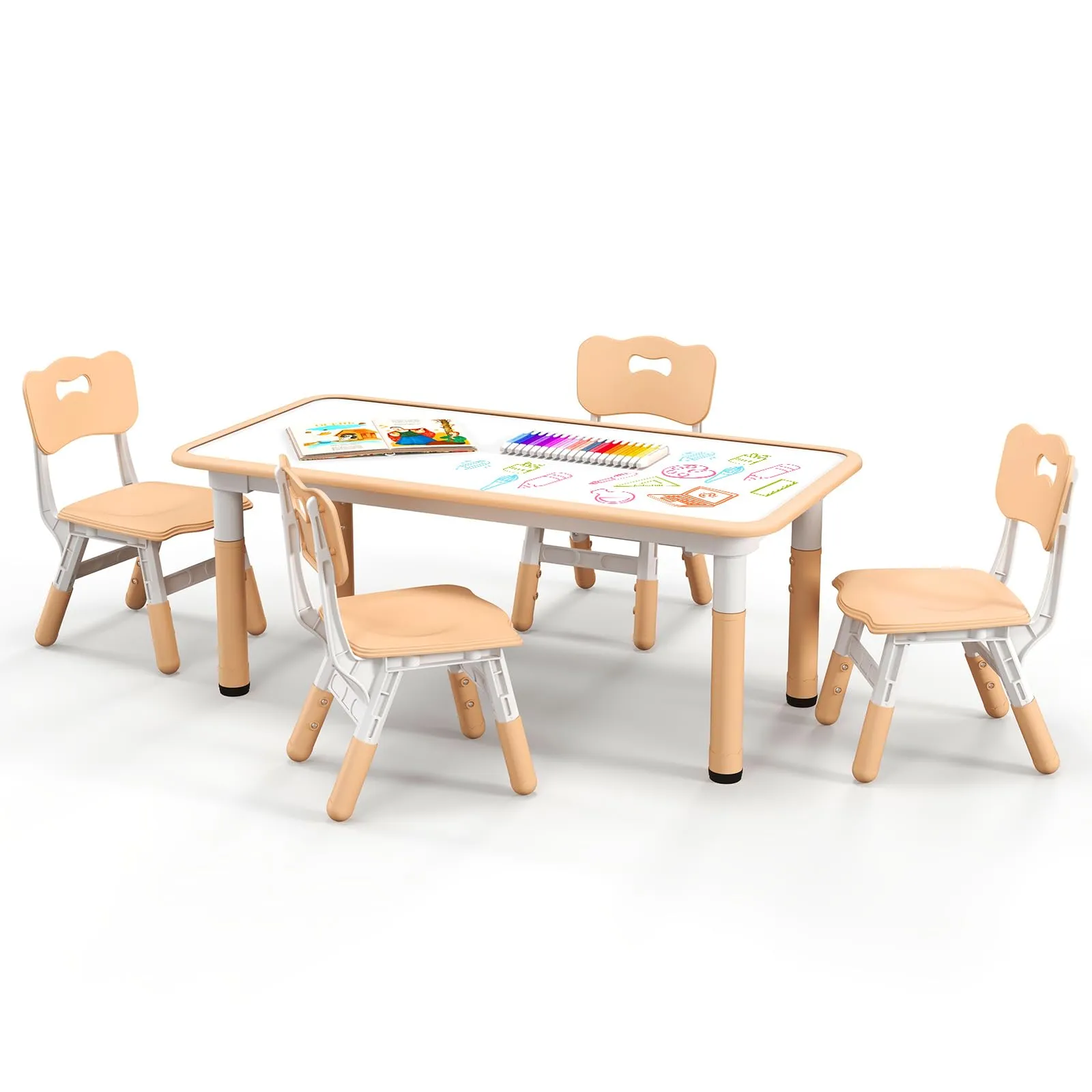 COSTWAY Set Tavolo e 4 Seide per Bambini, Scrivania Regolabile in Altezza con Piano Graffiti, Gambe Antiscivolo, Mobile Multifuzione con 4 Posti per Cameretta, Asilo e Scuola (Naturale)