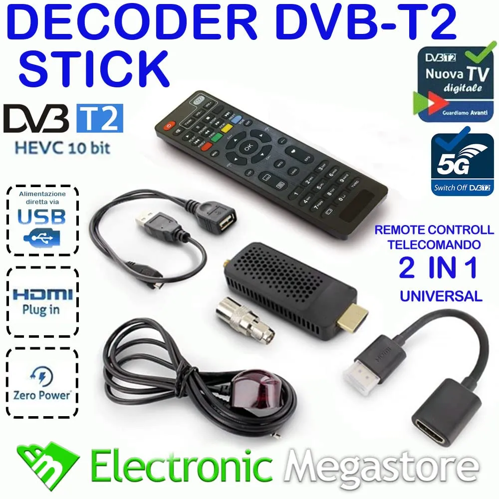 Decoder DVB-T2 HD Dongle NANO T265 Ricevitore Digitale Terrestre, Full HD, H265 HEVC, 10 Bit, FTA, HDMI, Sensore IR, Supporto USB Media Player, Telecomando Universale 2in1, Main 10