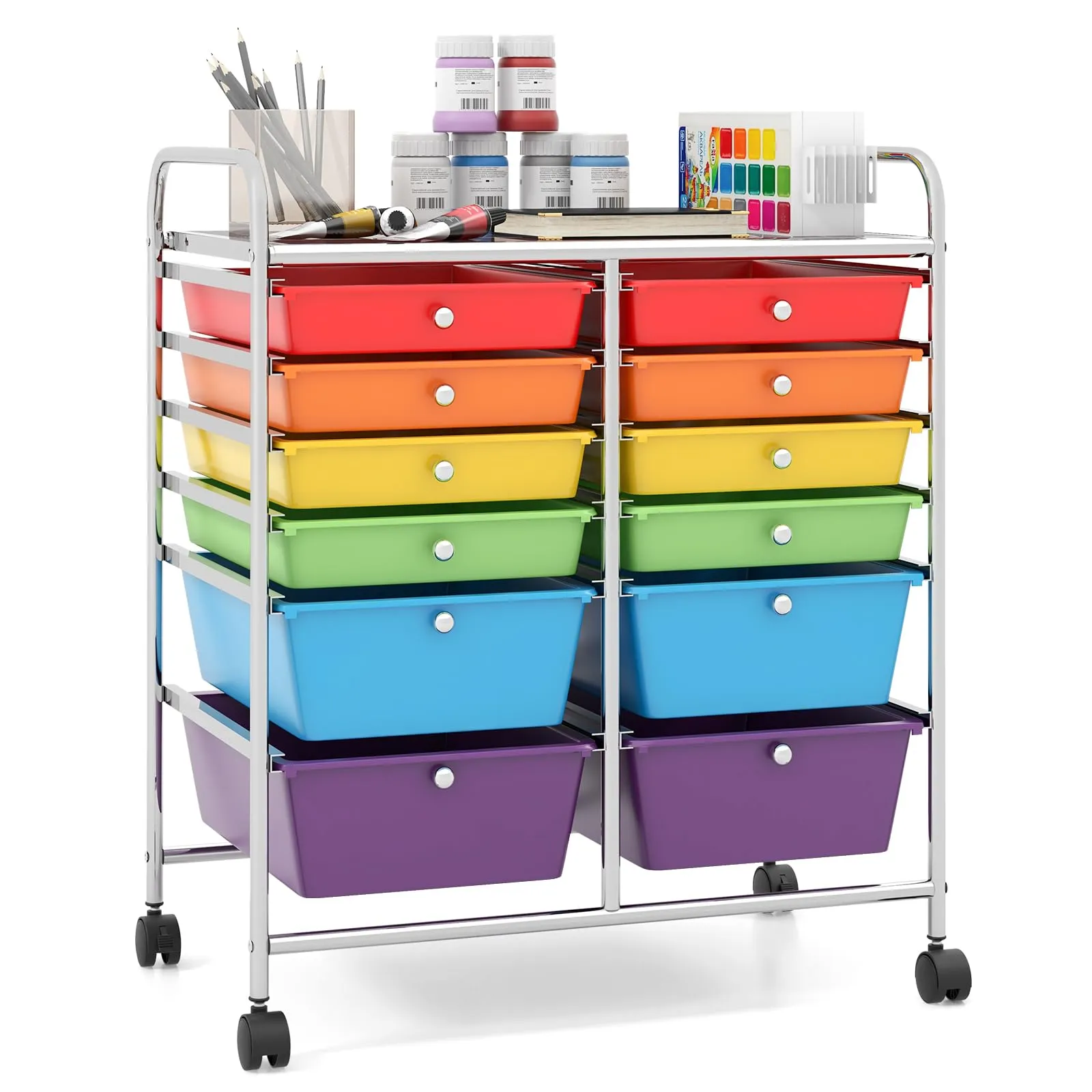 COSTWAY Carrello con 12 Cassetti con Ruote, Carrello di Stoccaggio Multiuso con Ampio Spazio di Archiviazione, Ideale per Casa Ufficio Domestico, 73,5 x 37 x 63 cm (Multicolore)