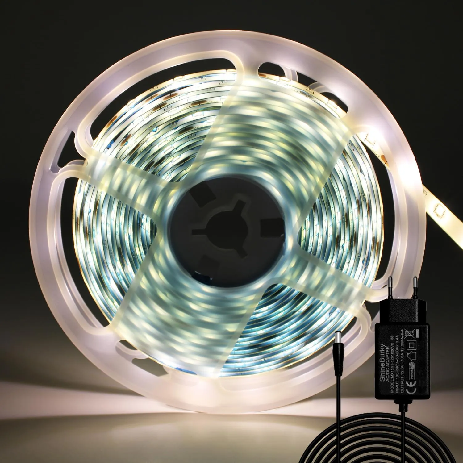 ShineBurky Striscia LED 5 Metri 12V Bianco Caldo, Luci LED Striscia Luminoso IP65 Impermeabile 300LEDs Strisce LED Flessibili per Interno Esterno Cucina Hotel Natale Decorazione (con Alimentatore)
