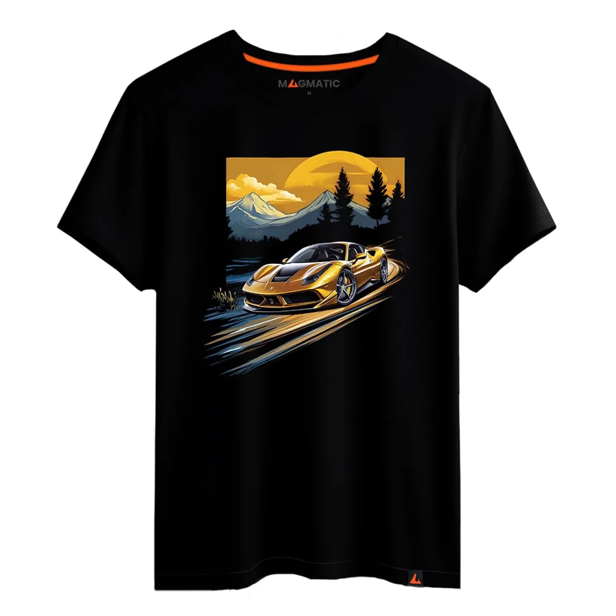 Magmatic - Maglietta Auto Sportiva per Uomo Unisex Bambino, Collezione Sunset Road T Shirt Nera Premium 100% Cotone, Regalo Auto Sportiva, appassionato di Automobili, Fan di Auto