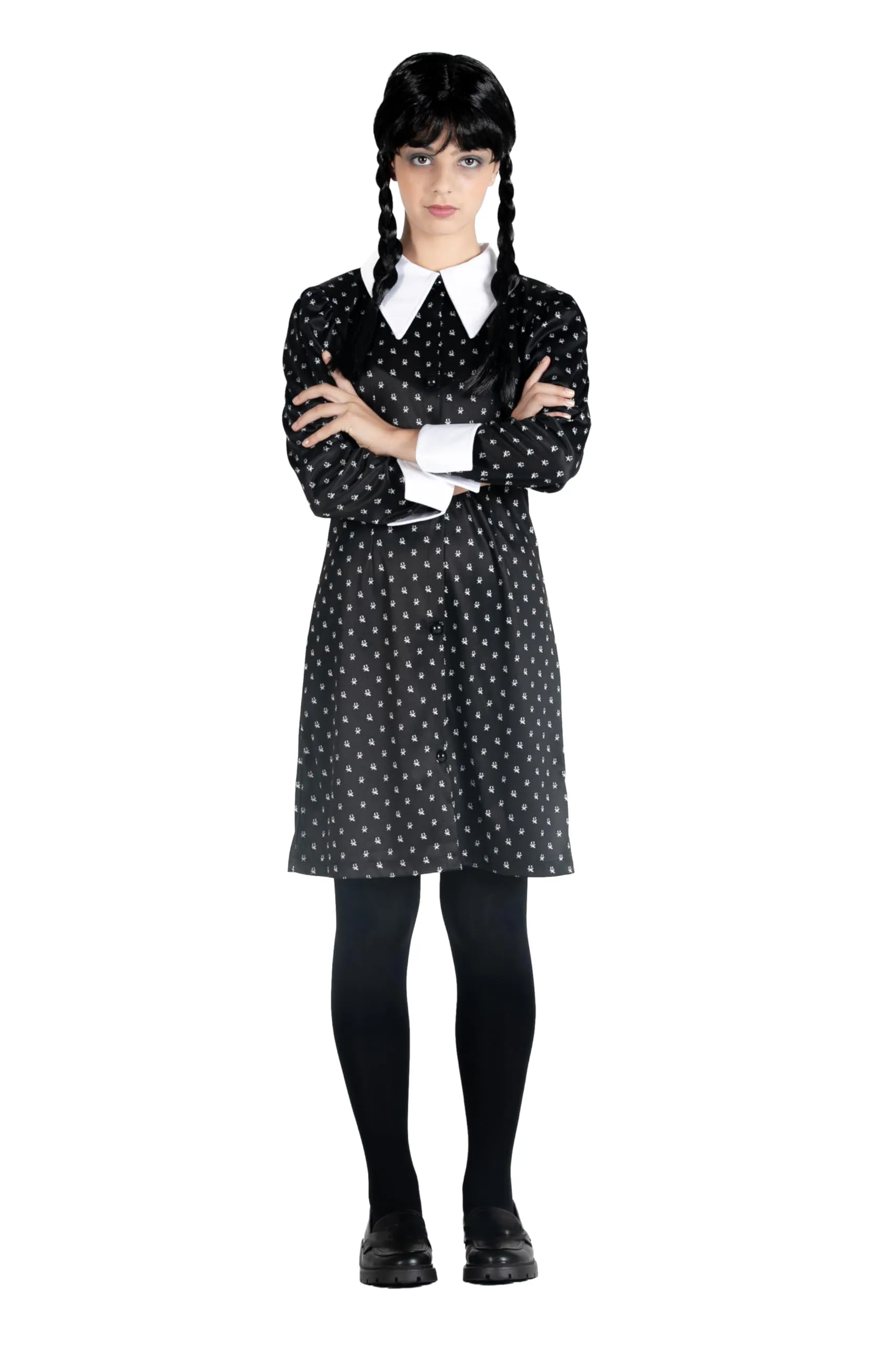 Ciao- mercoledì Addams Vestito Costume Travestimento Bambina Ragazza Originale Wednesday (Taglia M, 152 cm) con Parrucca, Colore Nero, Bianco