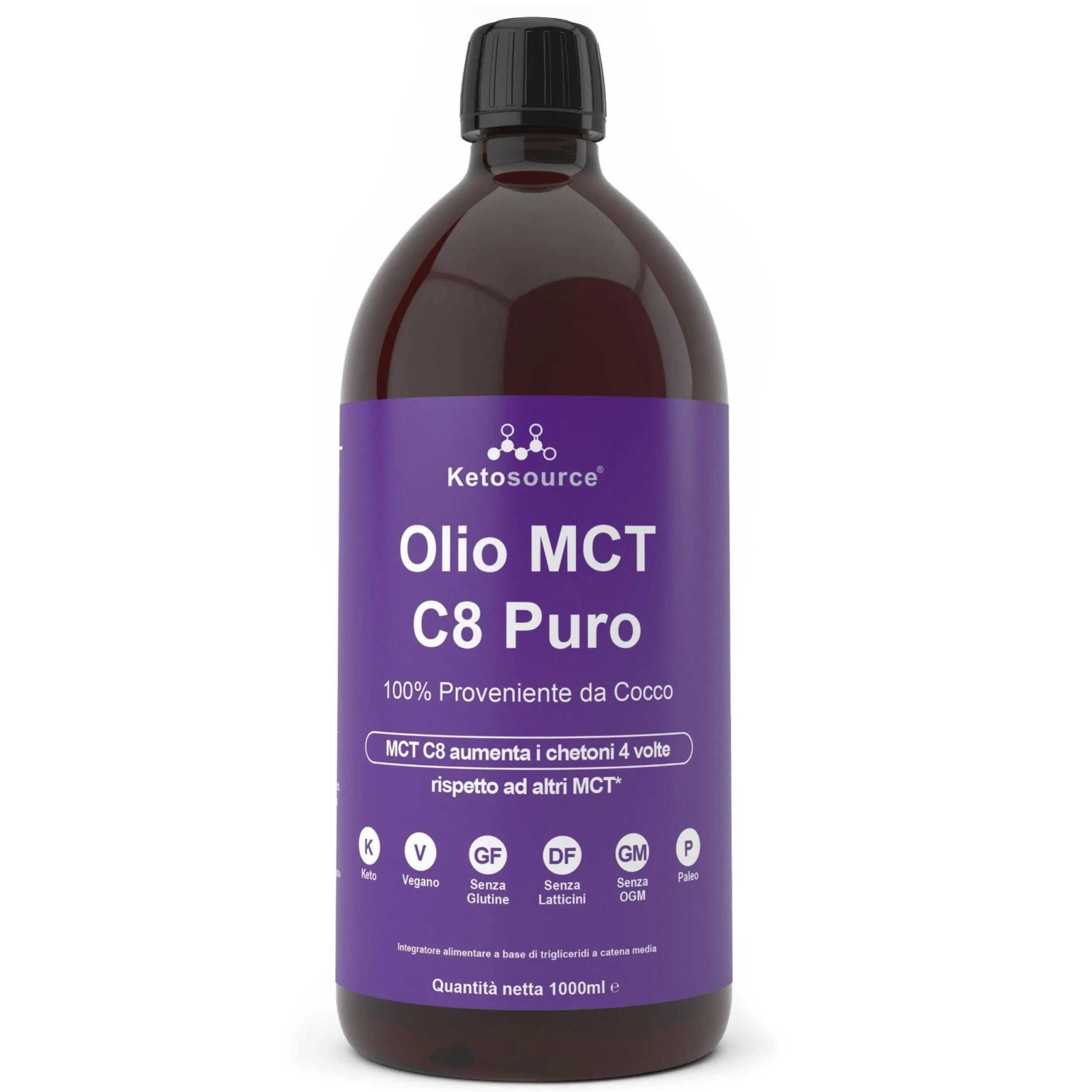 Olio MCT C8 Puro | 4X C8 in più Rispetto Agli Oli MCT | Supporta cheto e digiuno | 100% cocco | Sicuro per vegani e senza glutine | Bulletproof | Bottiglia BPA free | 1000ml Ketosource®