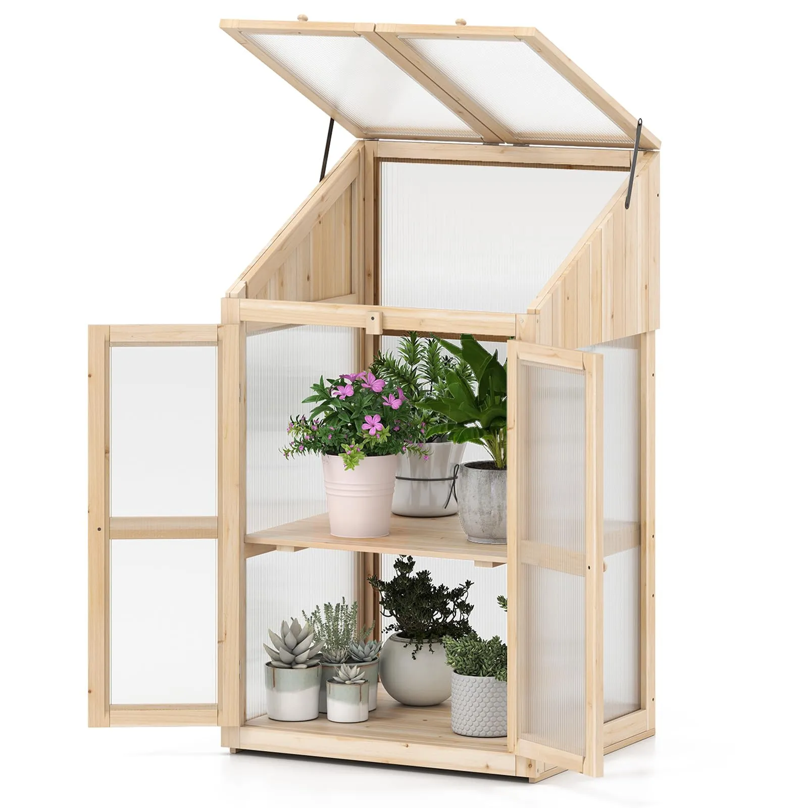 COSTWAY Serra da Balcone, Serra in Legno con Ripiano Fiori Rialzato, Tetto Trasparente Apribile, Porta Bloccabile e Ripiani Rimovibili, per Giardino e Cortile, 69 x 58 x 121 cm