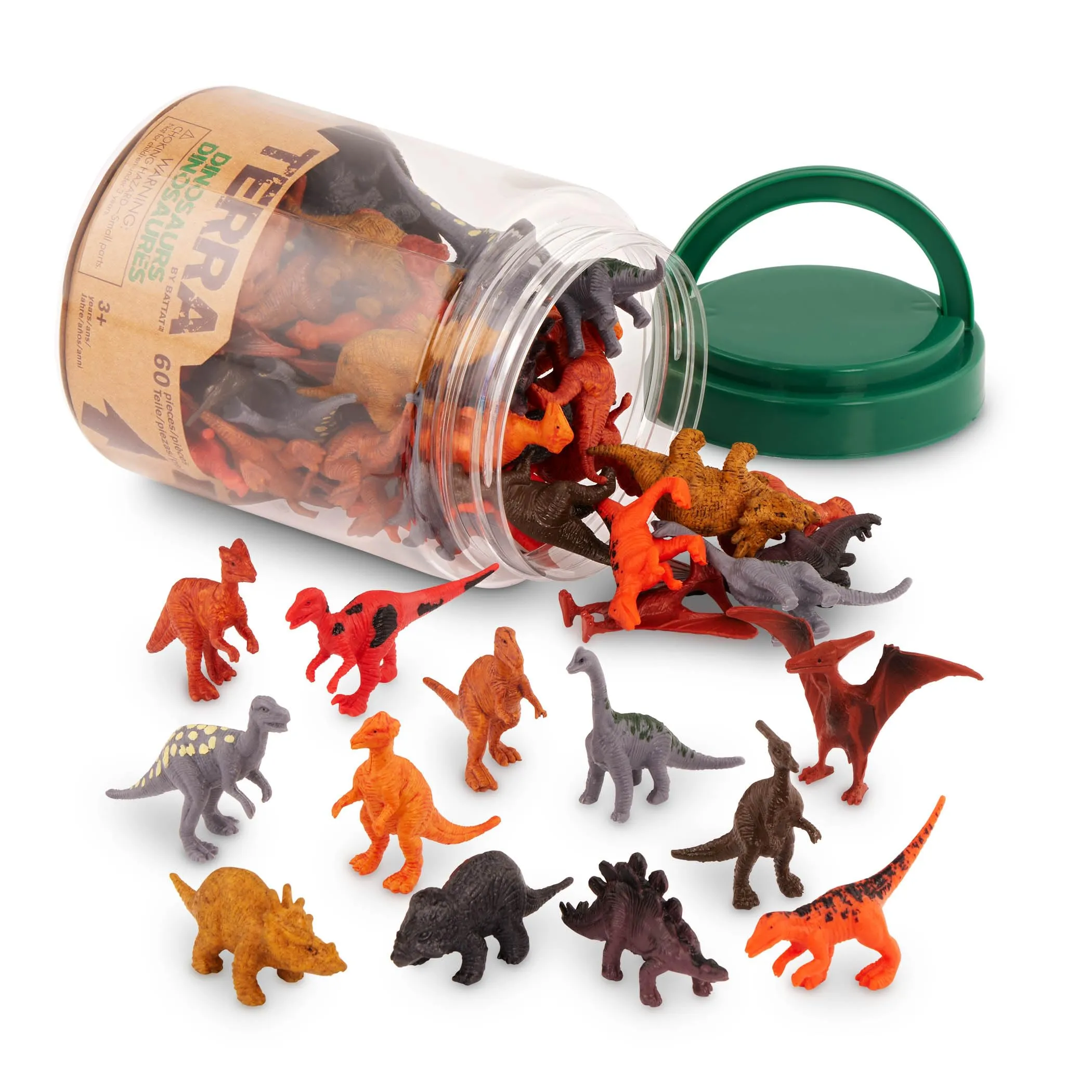 Terra by Battat - 60 pezzi - Mini dinosauri assortiti - Tirannosauro, Stegosauro e altro ancora - Figure di animali in plastica per bambini 3 anni +