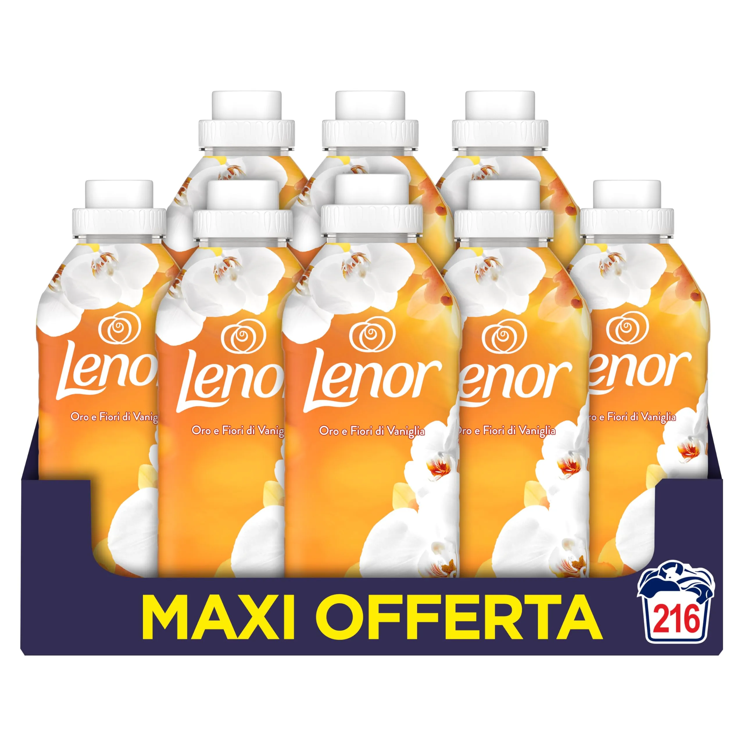 Lenor Ammorbidente Lavatrice Concentrato 216 Lavaggi (27x8), Oro e Fiori di Vaniglia, Freschezza Che Dura 3 Volte Più A Lungo, Con Tecnologia Olii Profumati